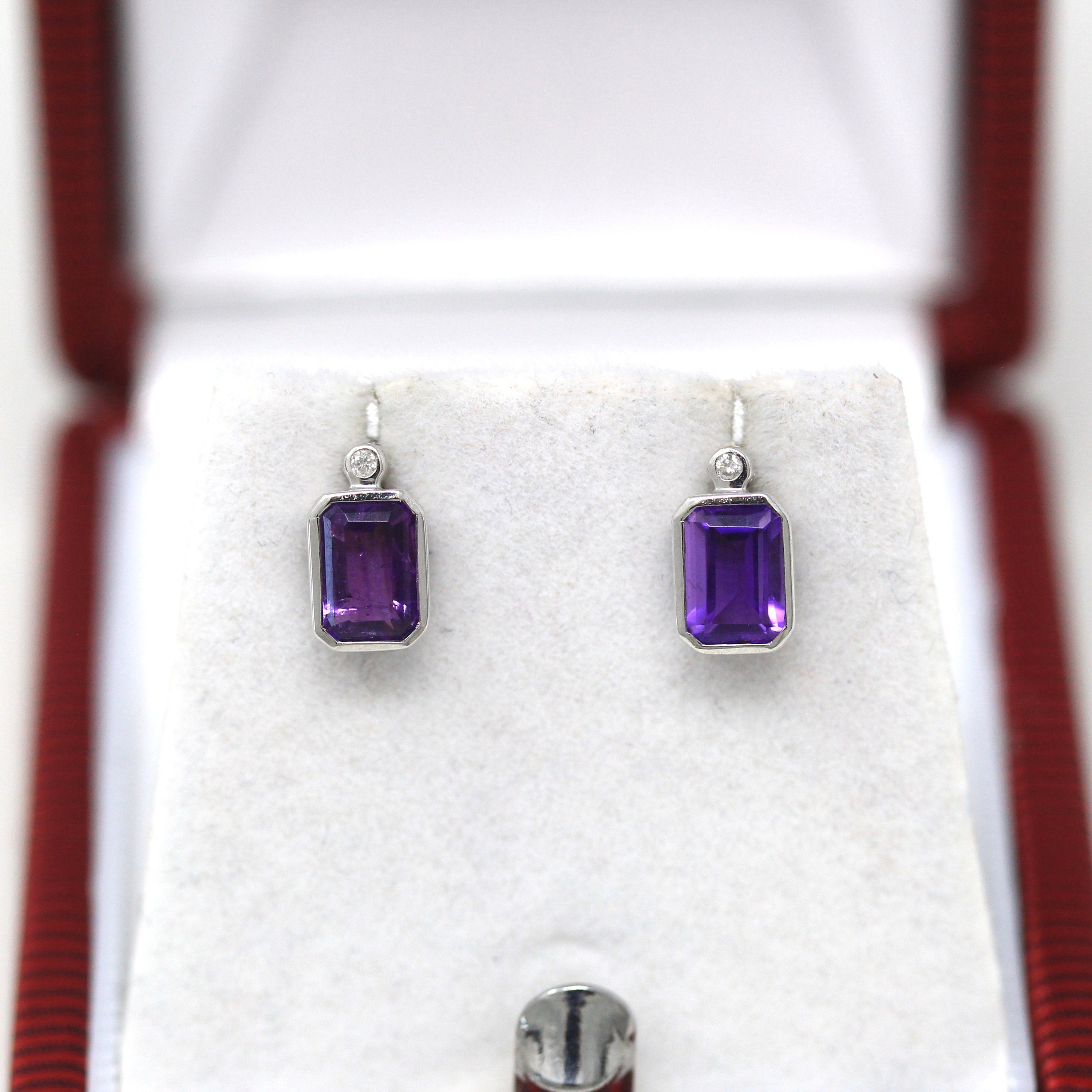 Sale - Amethyst & Diamond Earrings - Modern 10k White Gold Emerald Cut .84 CTW Gems - Estate Circa 2000's February Birthstone Fine Jewelry