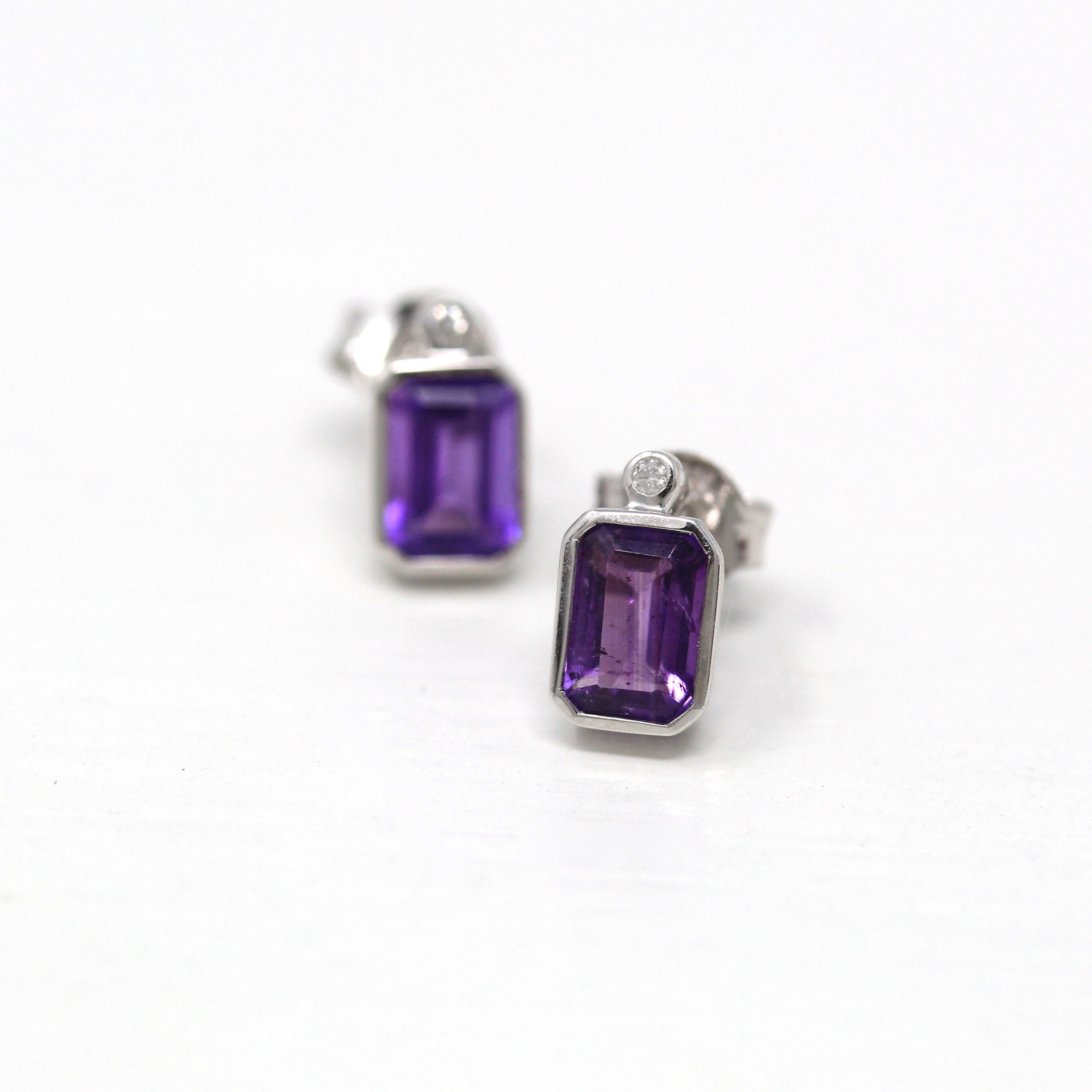 Sale - Amethyst & Diamond Earrings - Modern 10k White Gold Emerald Cut .84 CTW Gems - Estate Circa 2000's February Birthstone Fine Jewelry