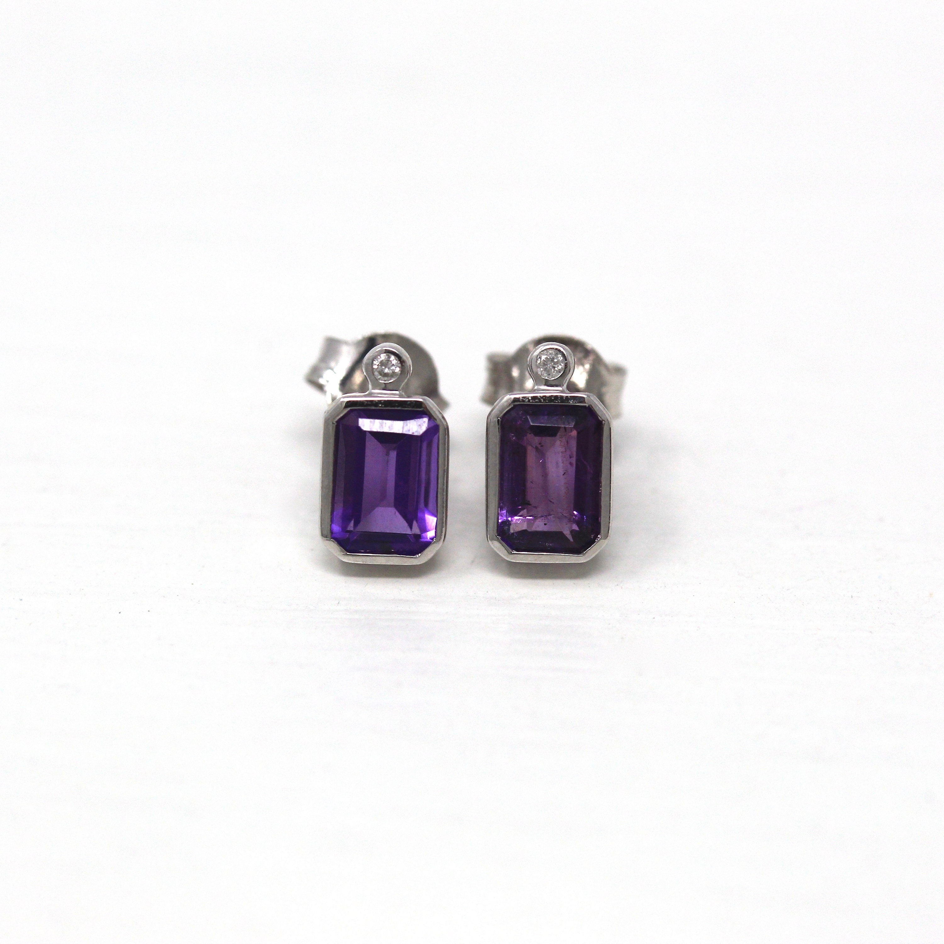 Sale - Amethyst & Diamond Earrings - Modern 10k White Gold Emerald Cut .84 CTW Gems - Estate Circa 2000's February Birthstone Fine Jewelry