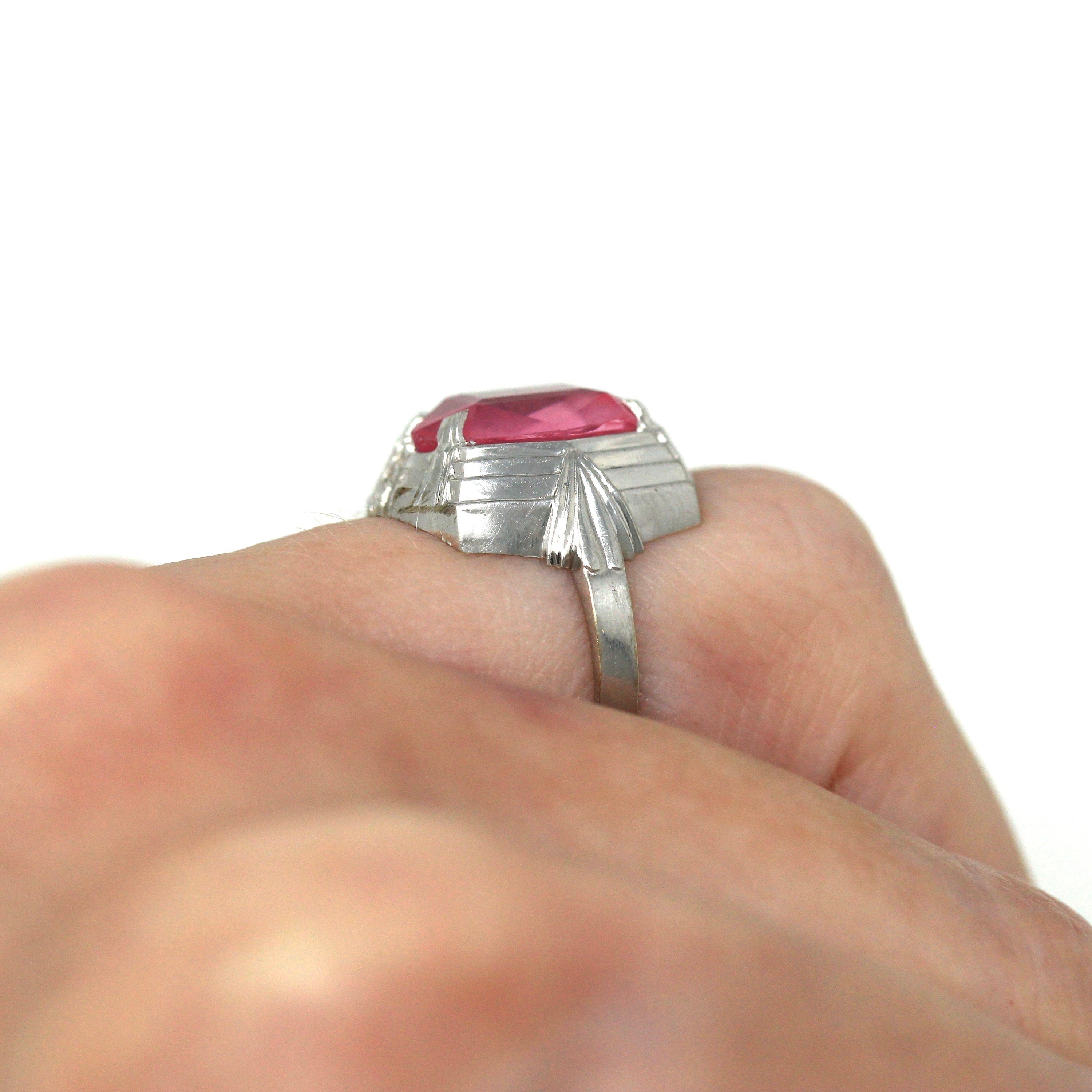 Sale - Art Deco Ring - Vintage 10k White Gold Fancy Cut Pink Glass Stone Simulated Sapphire - Circa 1930s Era Size 4 1/4 Cocktail Jewelry