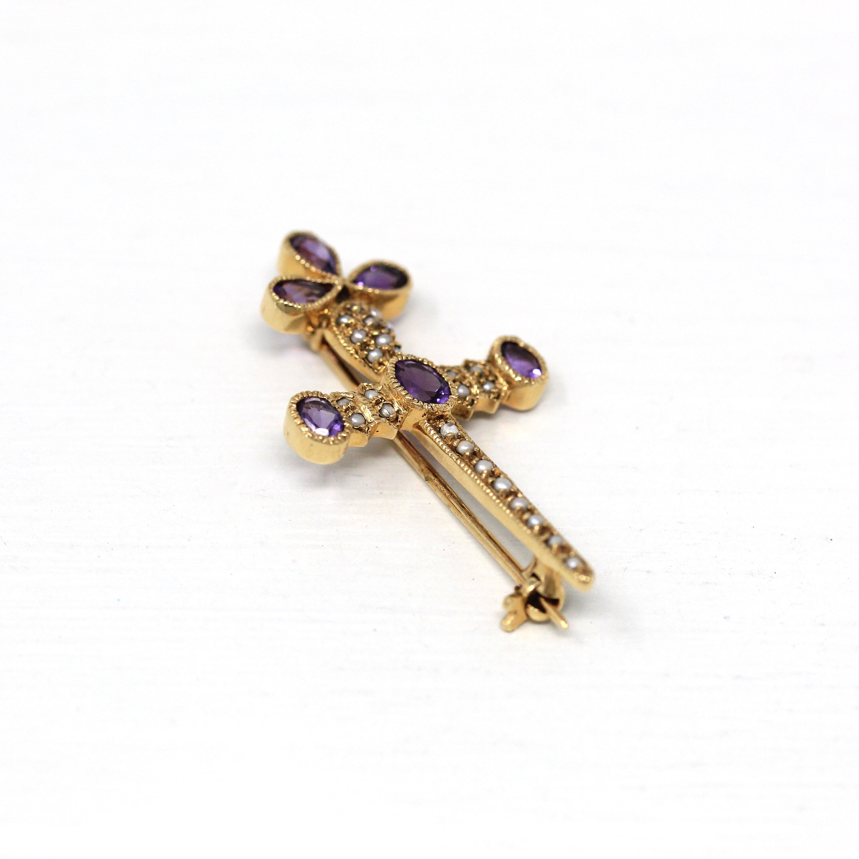 Sale - Vintage Amethyst Brooch - Retro Victorian Revival Seed Pearl Pin - 1960s Fashion Accessory Fine Sword Cross Motif Mid Century Jewelry