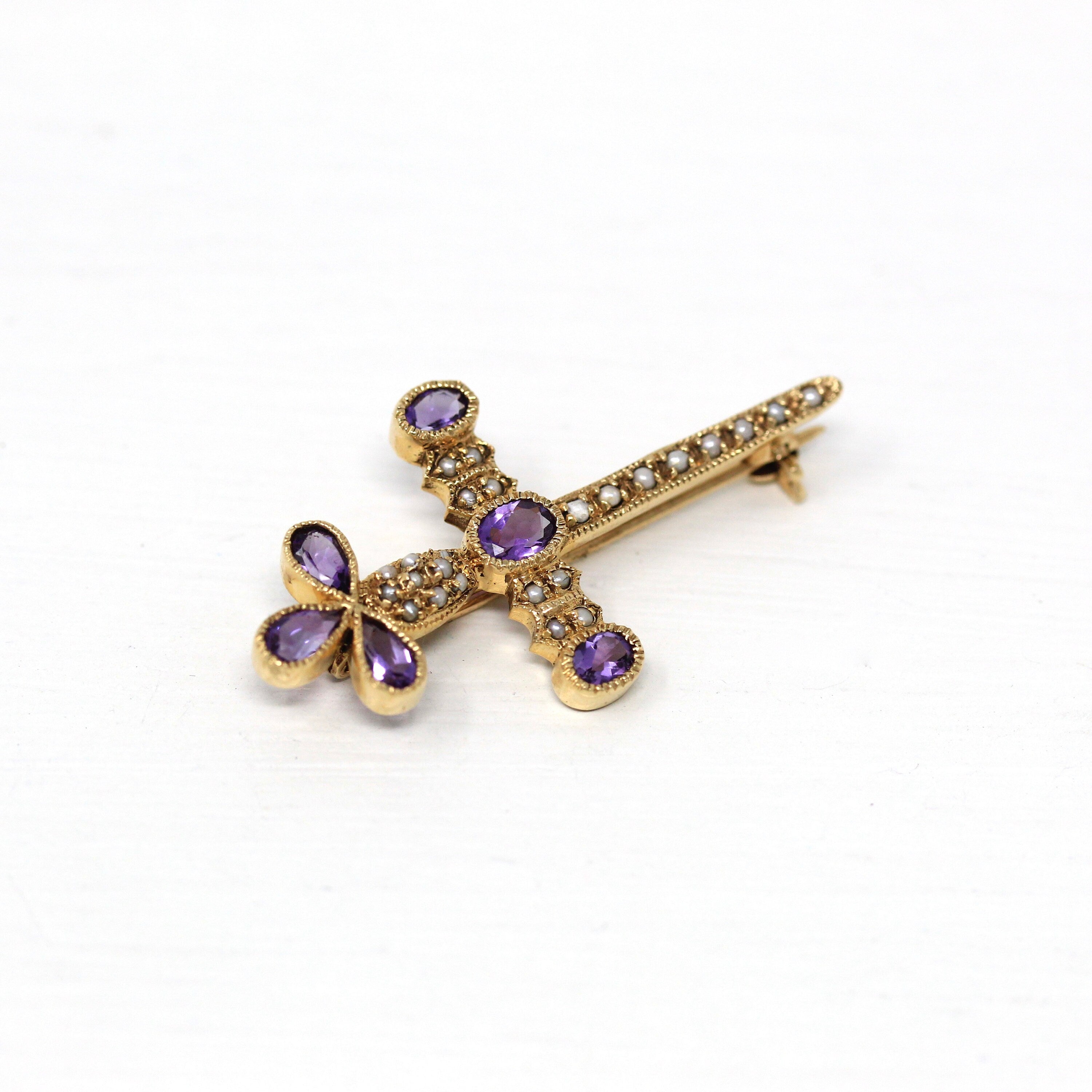 Sale - Vintage Amethyst Brooch - Retro Victorian Revival Seed Pearl Pin - 1960s Fashion Accessory Fine Sword Cross Motif Mid Century Jewelry