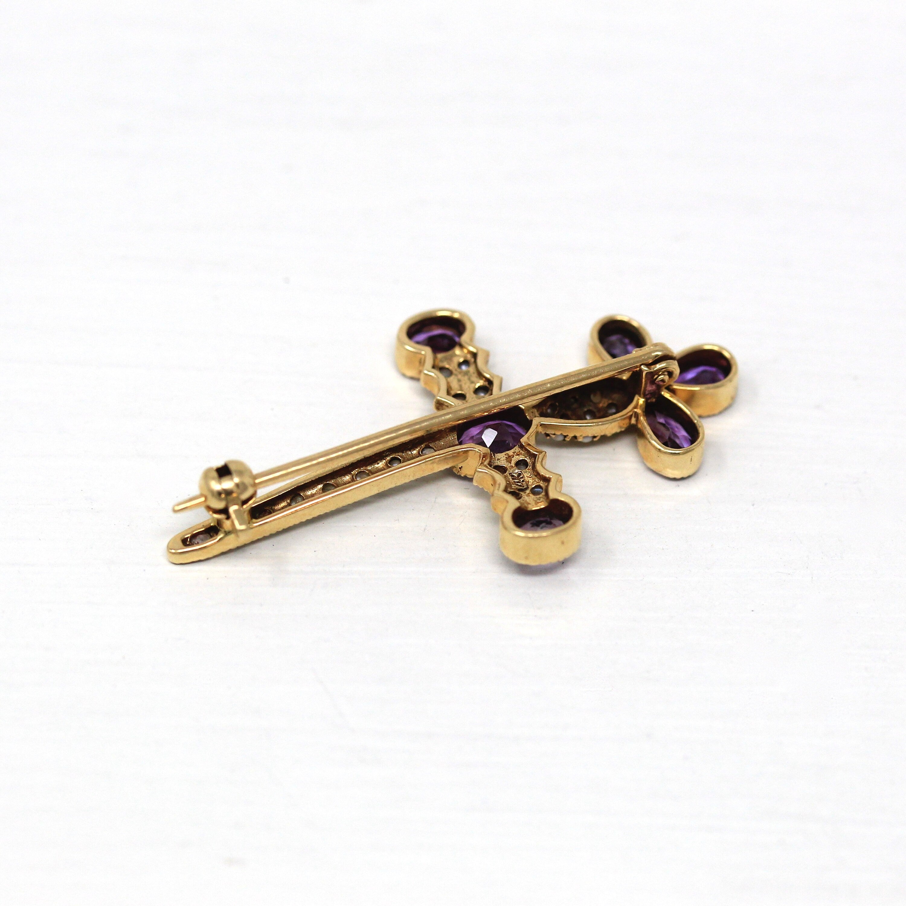 Sale - Vintage Amethyst Brooch - Retro Victorian Revival Seed Pearl Pin - 1960s Fashion Accessory Fine Sword Cross Motif Mid Century Jewelry