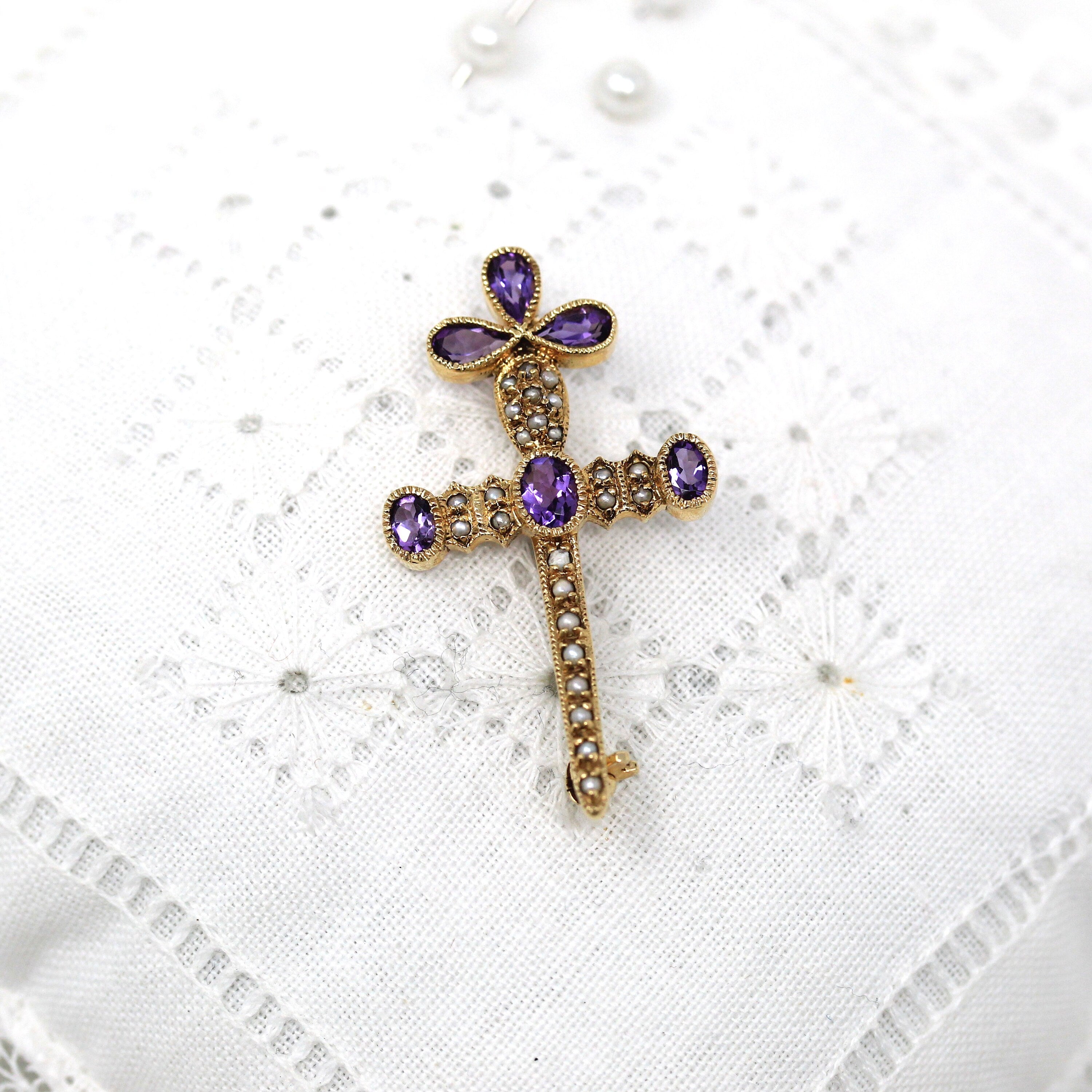 Sale - Vintage Amethyst Brooch - Retro Victorian Revival Seed Pearl Pin - 1960s Fashion Accessory Fine Sword Cross Motif Mid Century Jewelry