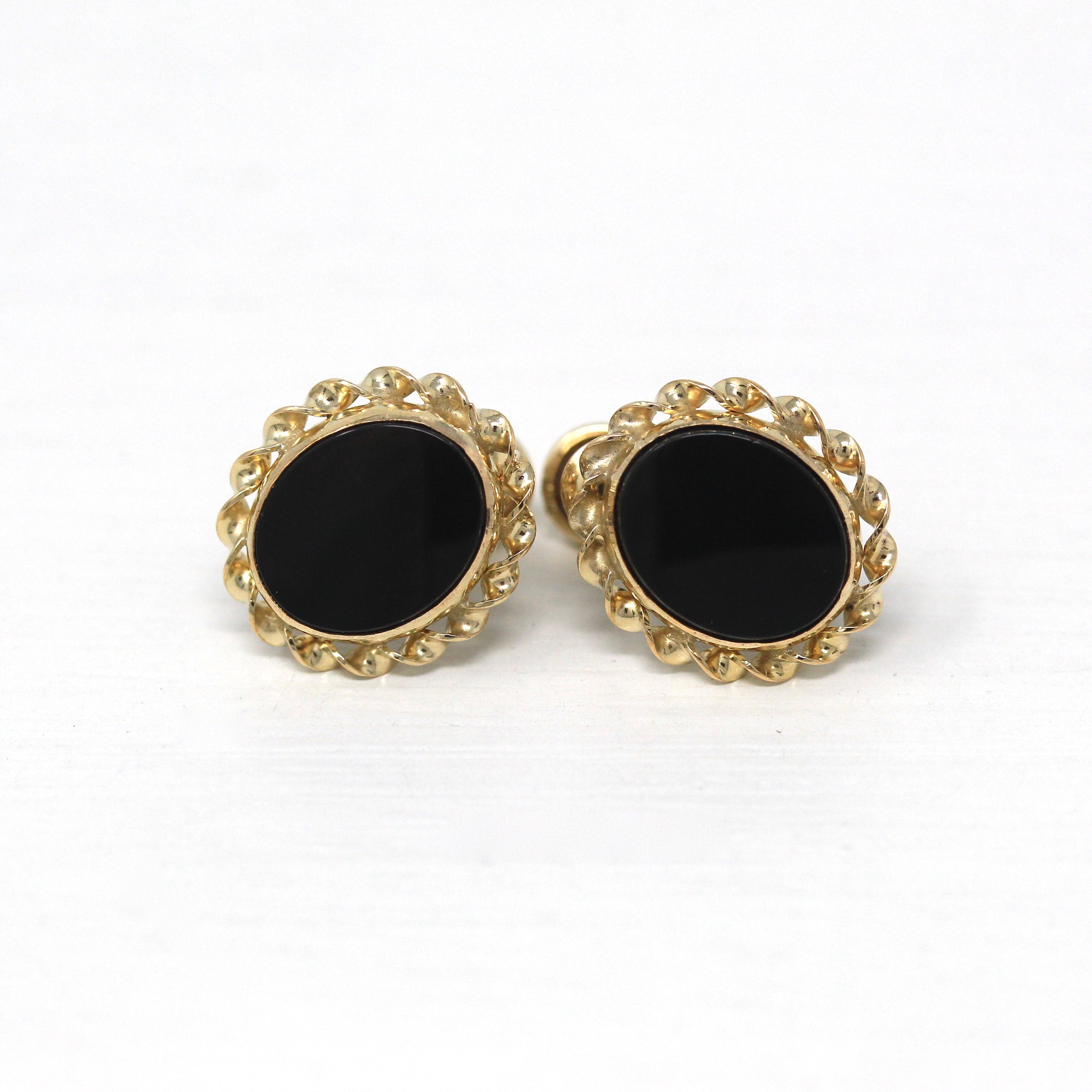 Vintage Onyx Earrings - Retro 12k Gold Filled Oval Genuine Black Gemstones Screw Backs - Circa 1960s Era Fashion Accessory Curtis Jewelry