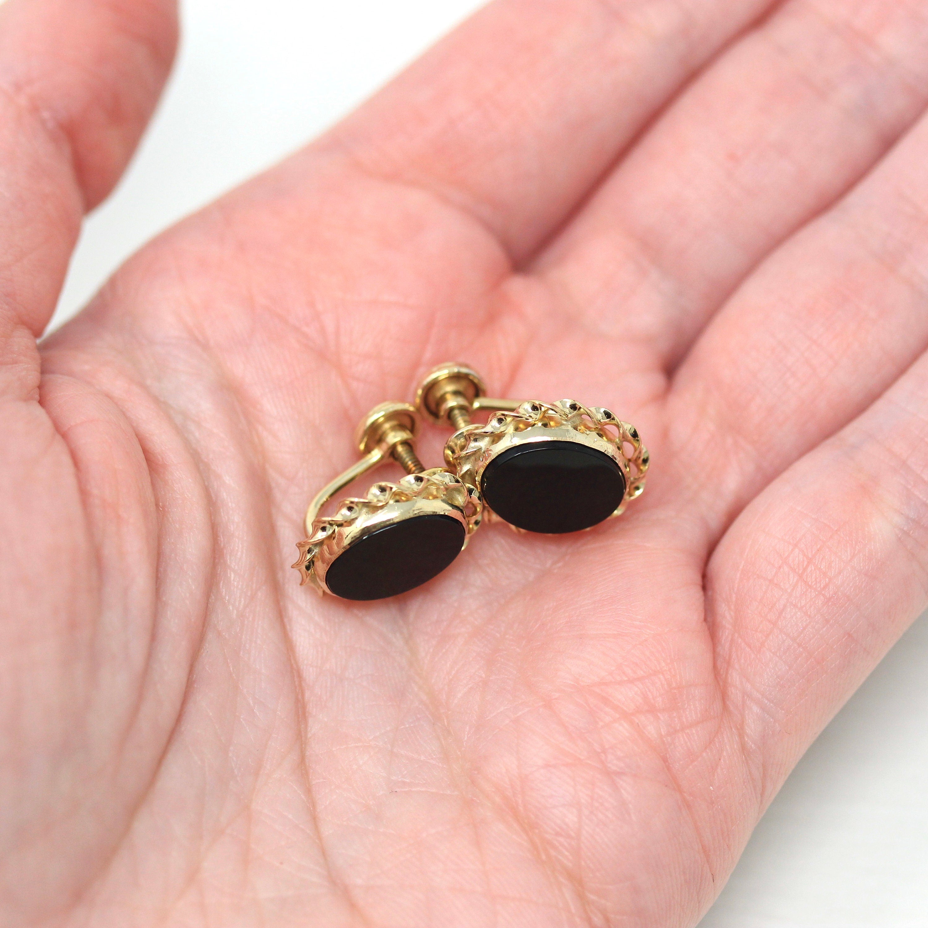 Vintage Onyx Earrings Retro 12k Gold Filled Oval Genuine Black Gemstones Screw Backs Circa 1960s Era Fashion Accessory Curtis Jewelry