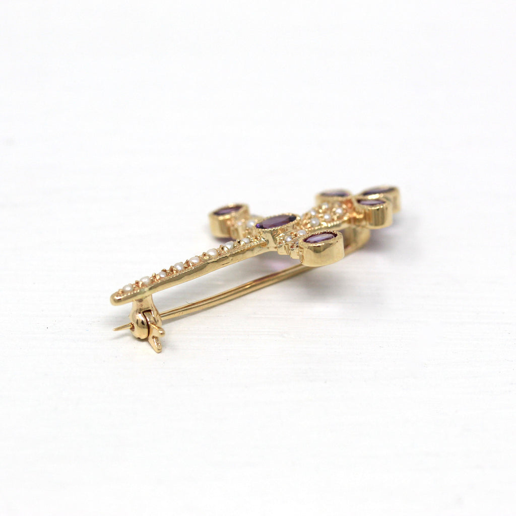 Sale - Vintage Sword Brooch - Retro Amethyst Victorian Revival Seed Pearl Pin - 1960s Fashion Accessory Fine Cross Motif Mid Century Jewelry