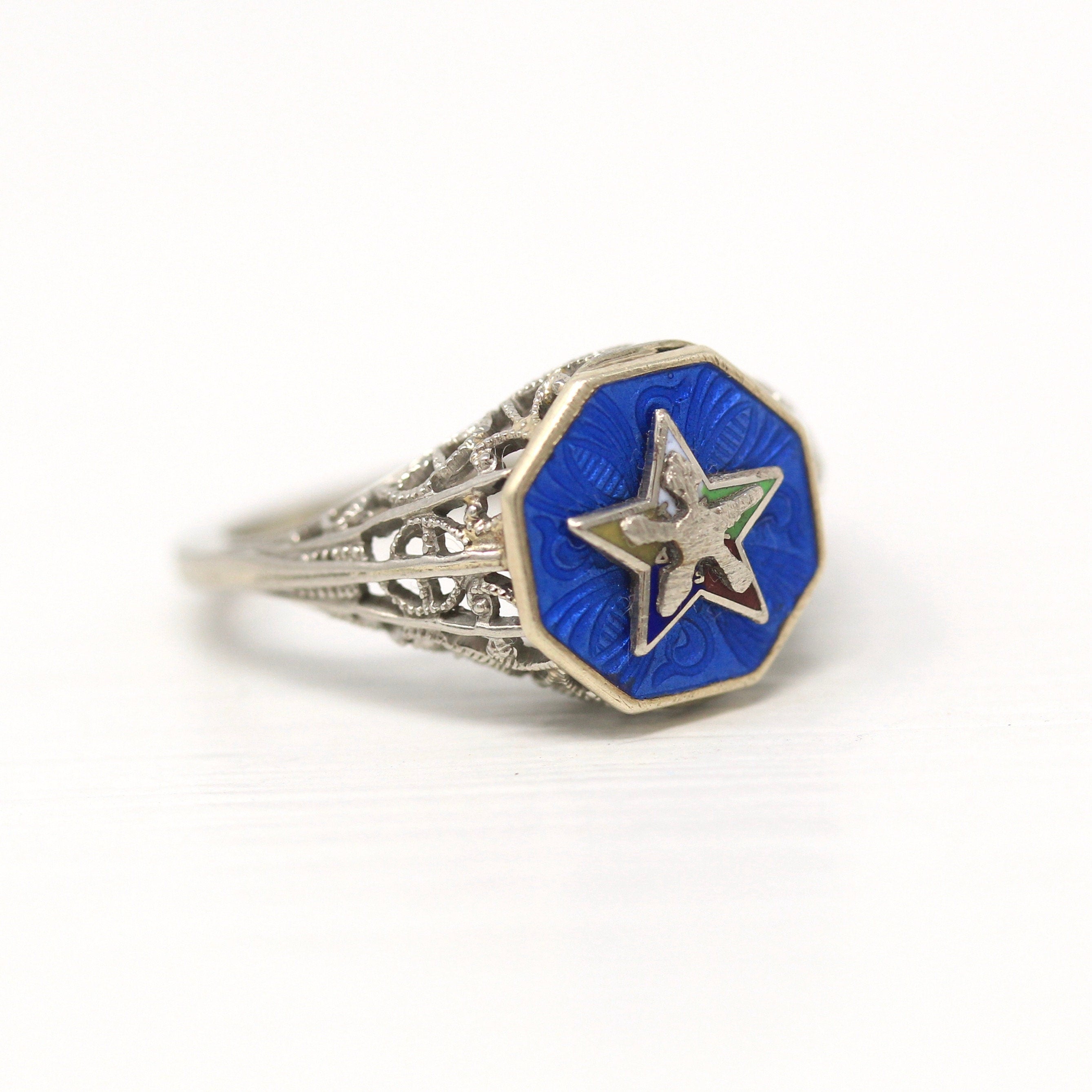 Sale - Vintage OES Ring - Art Deco 10k White Gold Guilloche Enamel - Circa 1930s Era Size 3 3/4 Order Of The Eastern Star Filigree Jewelry