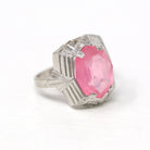 Sale - Art Deco Ring - Vintage 10k White Gold Fancy Cut Pink Glass Stone Simulated Sapphire - Circa 1930s Era Size 4 1/4 Cocktail Jewelry