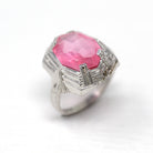 Sale - Art Deco Ring - Vintage 10k White Gold Fancy Cut Pink Glass Stone Simulated Sapphire - Circa 1930s Era Size 4 1/4 Cocktail Jewelry