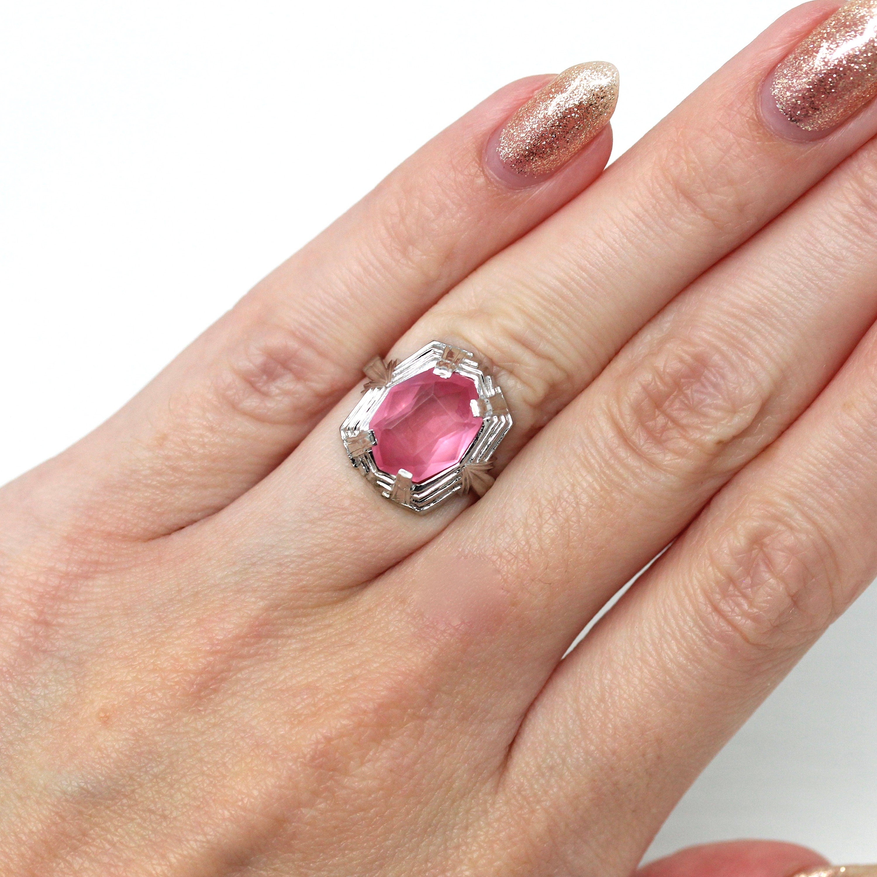 Sale - Art Deco Ring - Vintage 10k White Gold Fancy Cut Pink Glass Stone Simulated Sapphire - Circa 1930s Era Size 4 1/4 Cocktail Jewelry