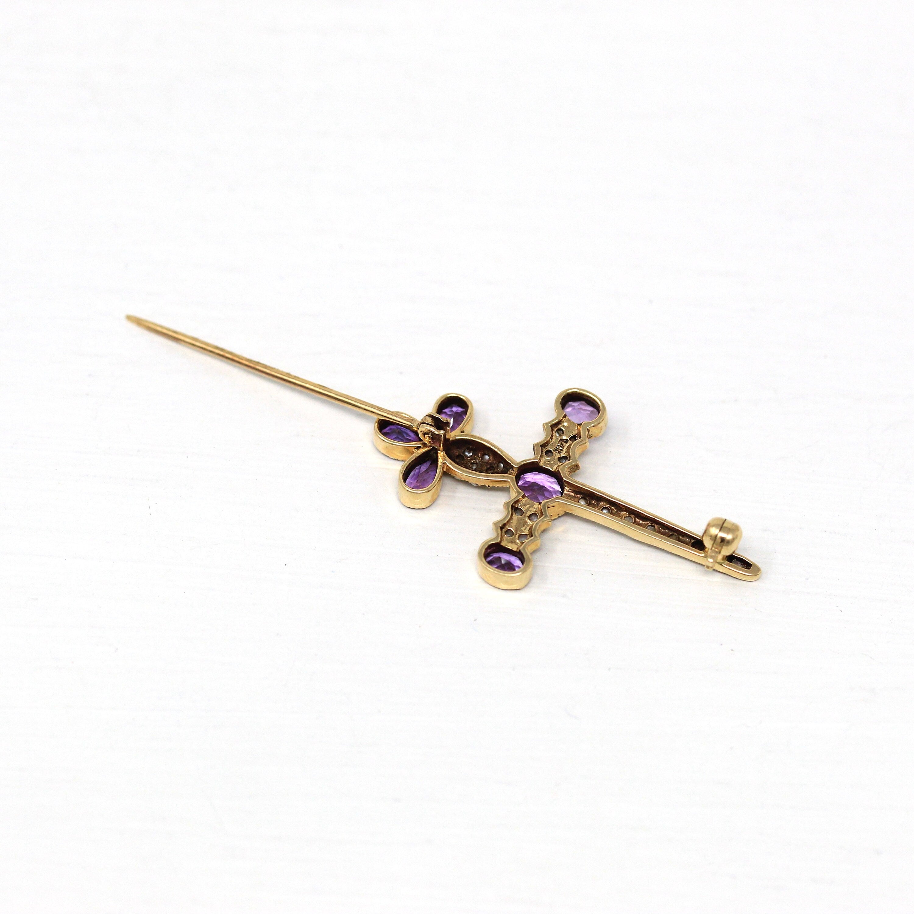 Sale - Vintage Amethyst Brooch - Retro Victorian Revival Seed Pearl Pin - 1960s Fashion Accessory Fine Sword Cross Motif Mid Century Jewelry