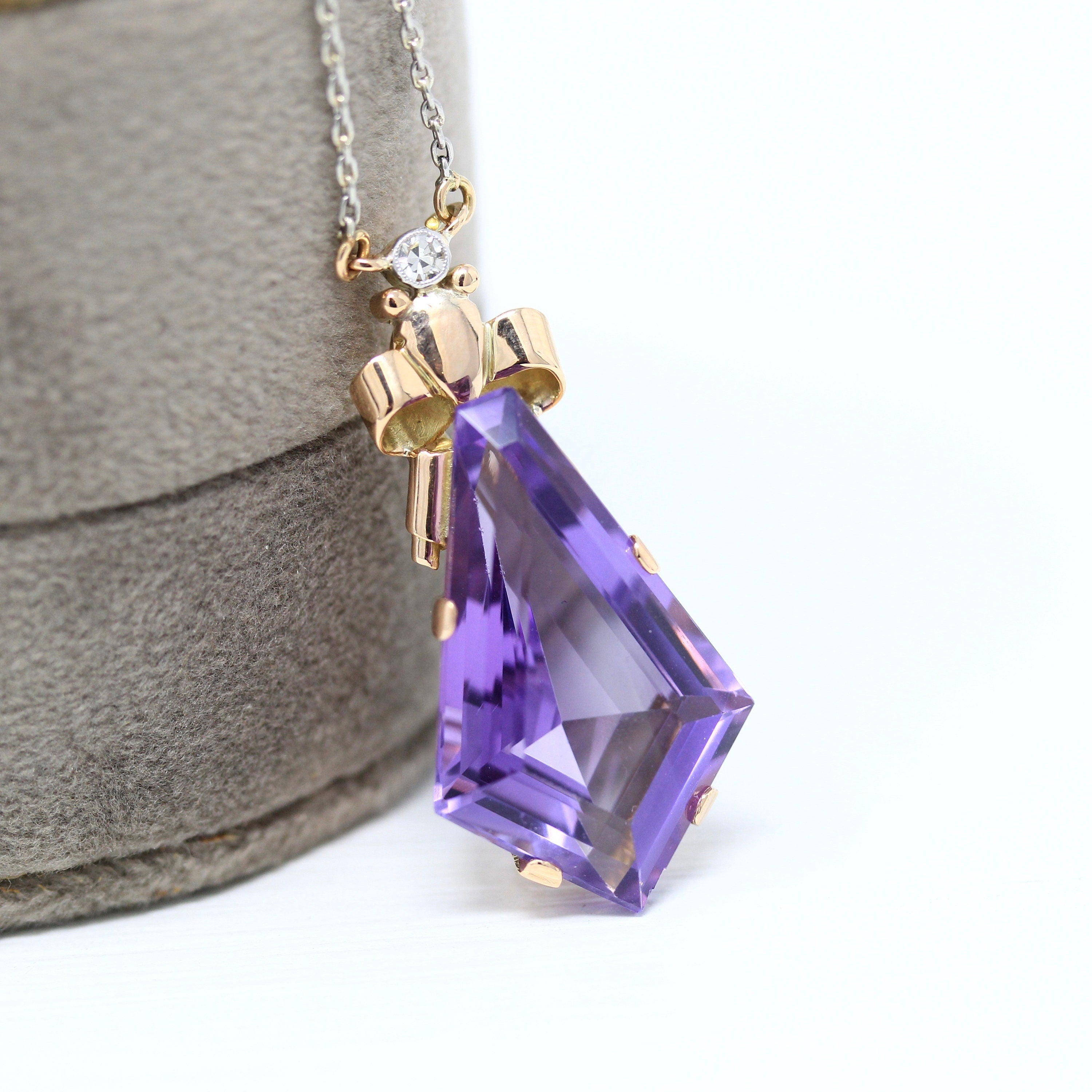 Sale - Genuine Amethyst Necklace - Estate 18k Yellow & White Gold Fancy Purple Gem Pendant - Modern Diamond February Birthstone Fine Jewelry