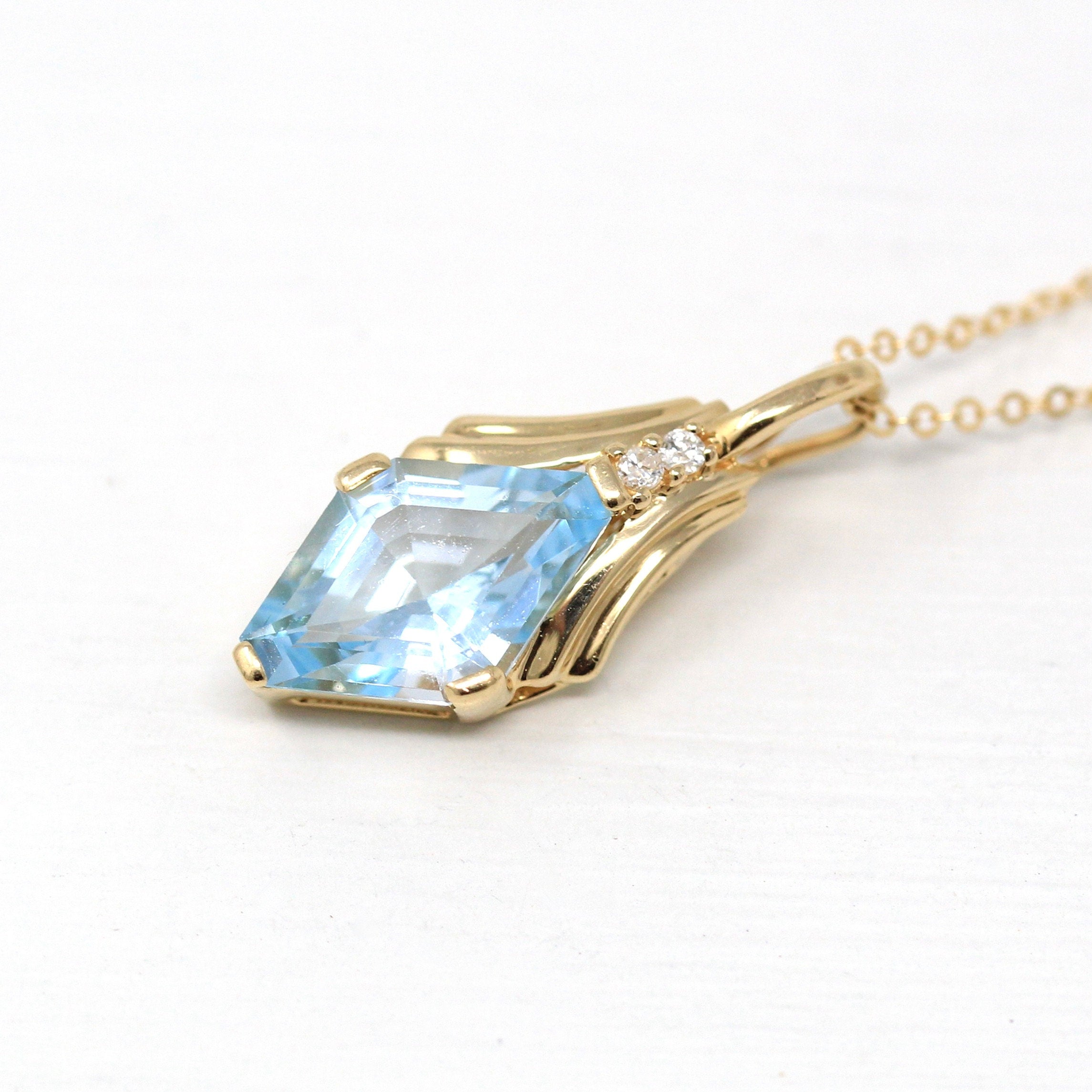 Sale - Genuine Topaz Necklace - Modern 14k Yellow Gold Faceted Sky Blue Gemstone - Estate Circa 2000's Era Diamond Gems Pendant Fine Jewelry