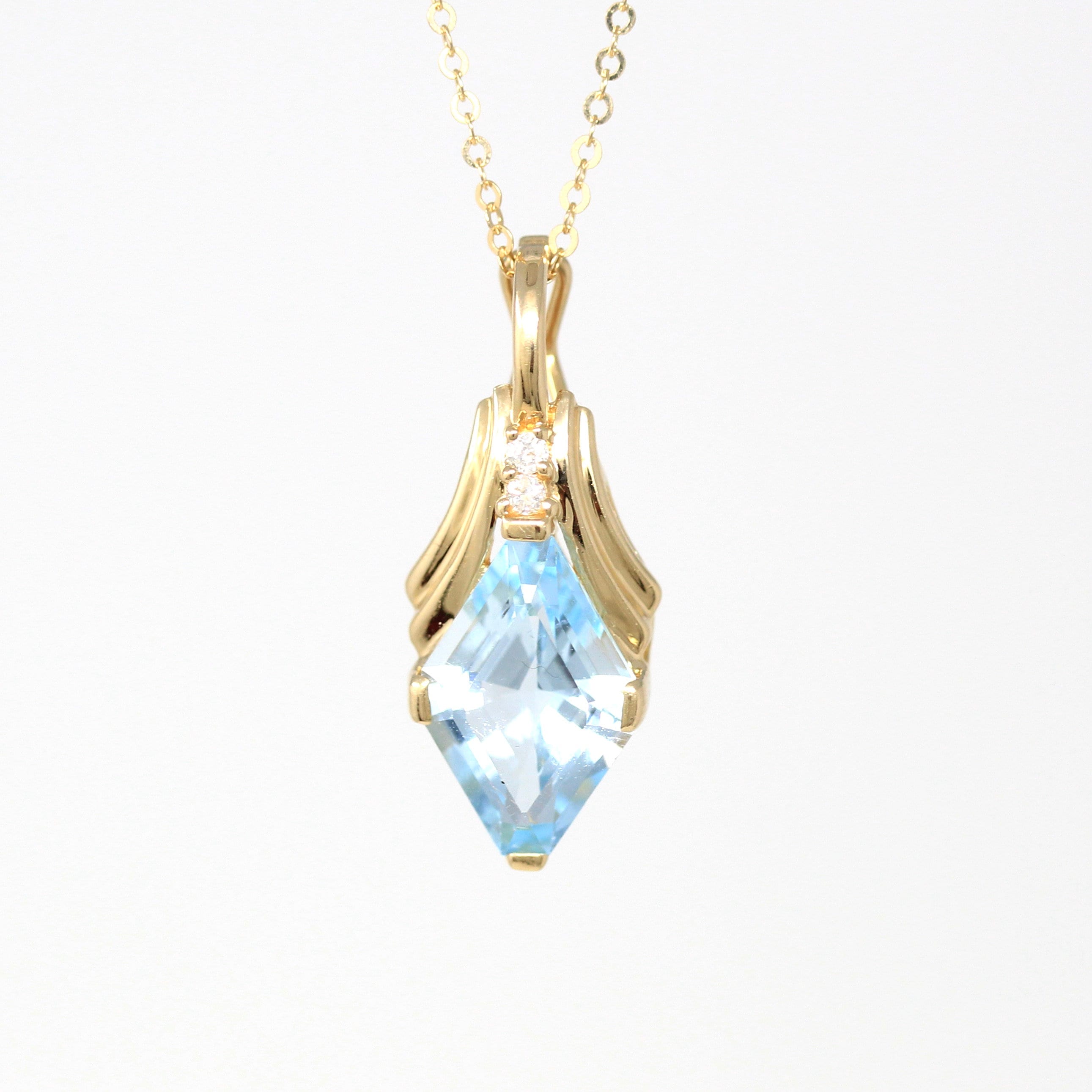 Sale - Genuine Topaz Necklace - Modern 14k Yellow Gold Faceted Sky Blue Gemstone - Estate Circa 2000's Era Diamond Gems Pendant Fine Jewelry