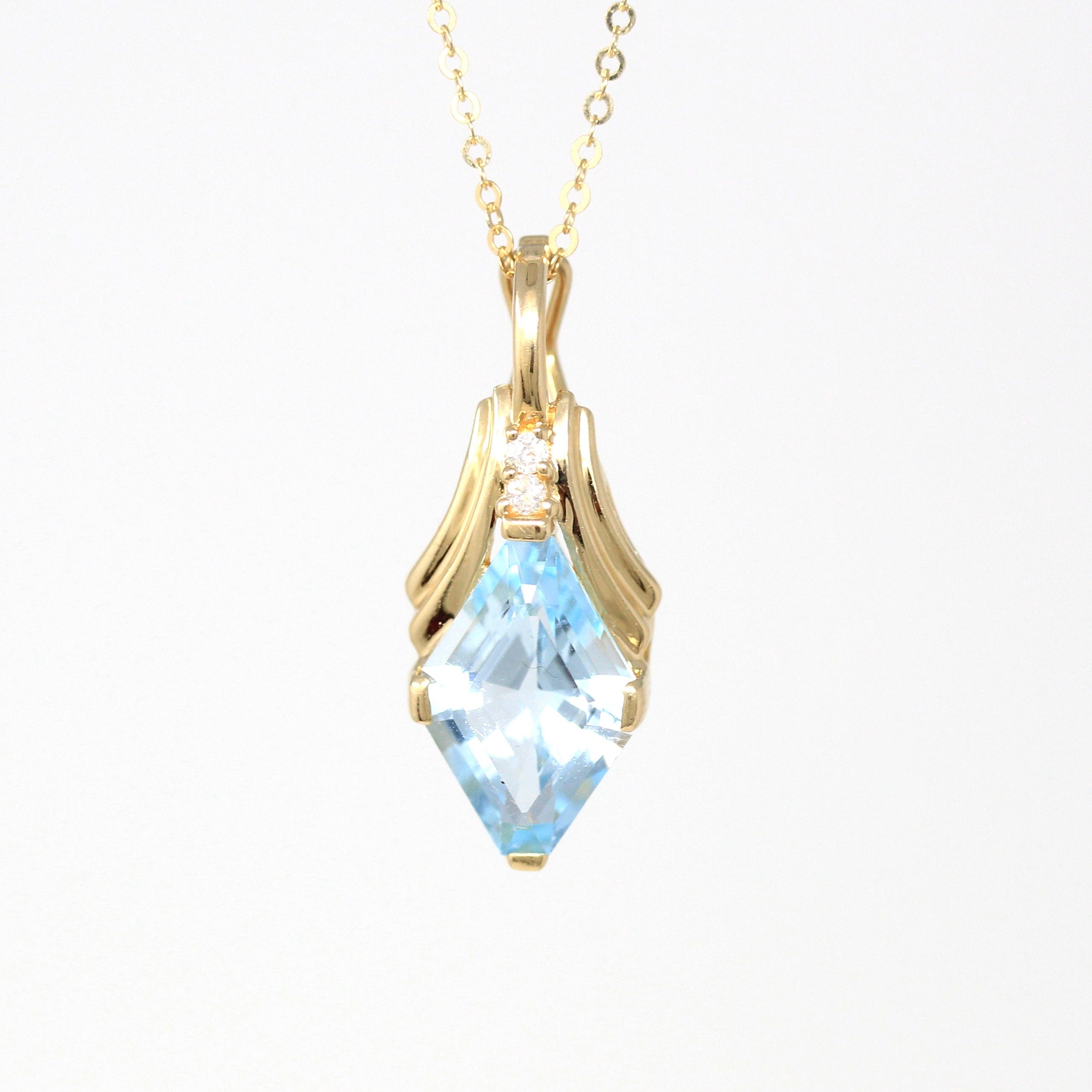 Sale - Genuine Topaz Necklace - Modern 14k Yellow Gold Faceted Sky Blue Gemstone - Estate Circa 2000's Era Diamond Gems Pendant Fine Jewelry