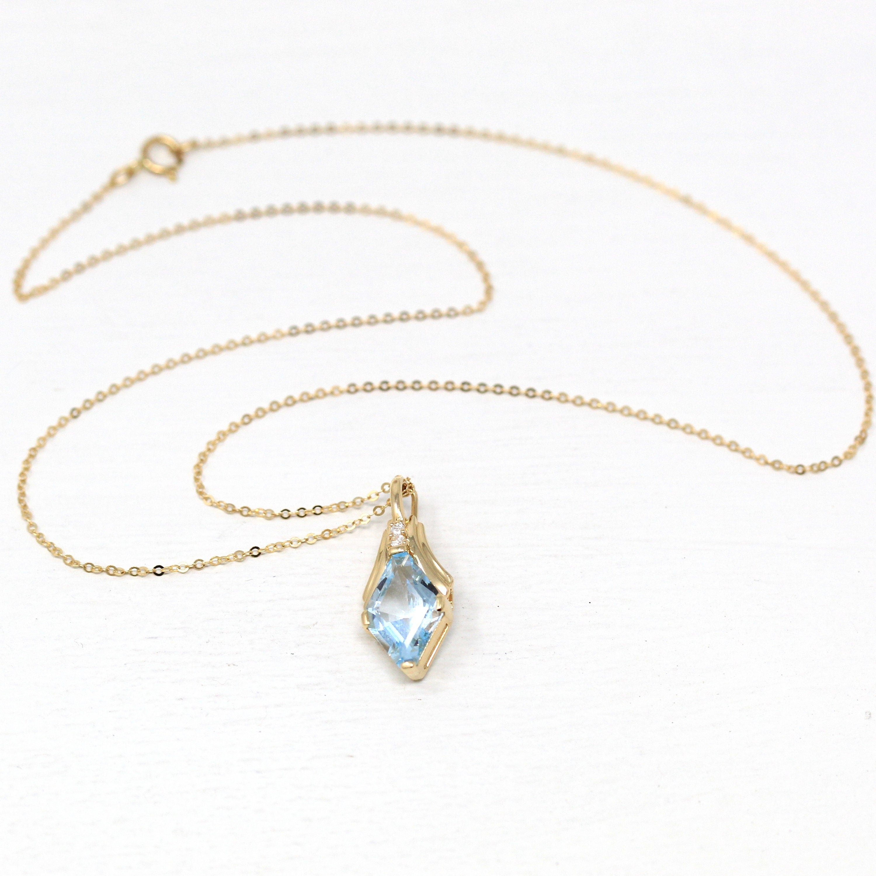 Sale - Genuine Topaz Necklace - Modern 14k Yellow Gold Faceted Sky Blue Gemstone - Estate Circa 2000's Era Diamond Gems Pendant Fine Jewelry