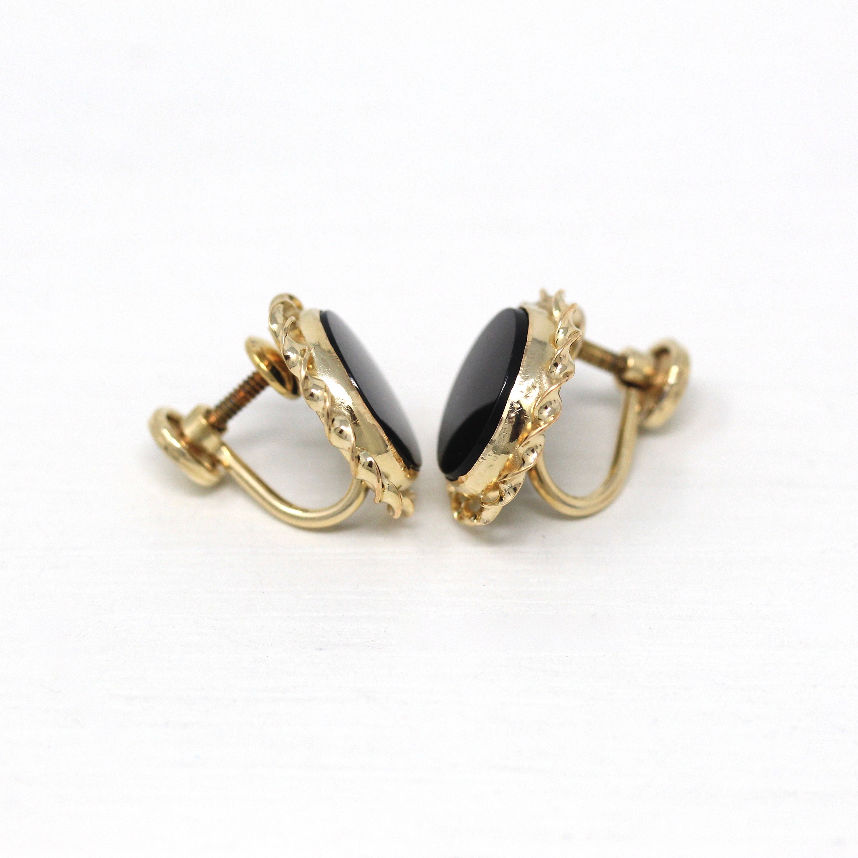 Vintage Onyx Earrings - Retro 12k Gold Filled Oval Genuine Black Gemstones Screw Backs - Circa 1960s Era Fashion Accessory Curtis Jewelry