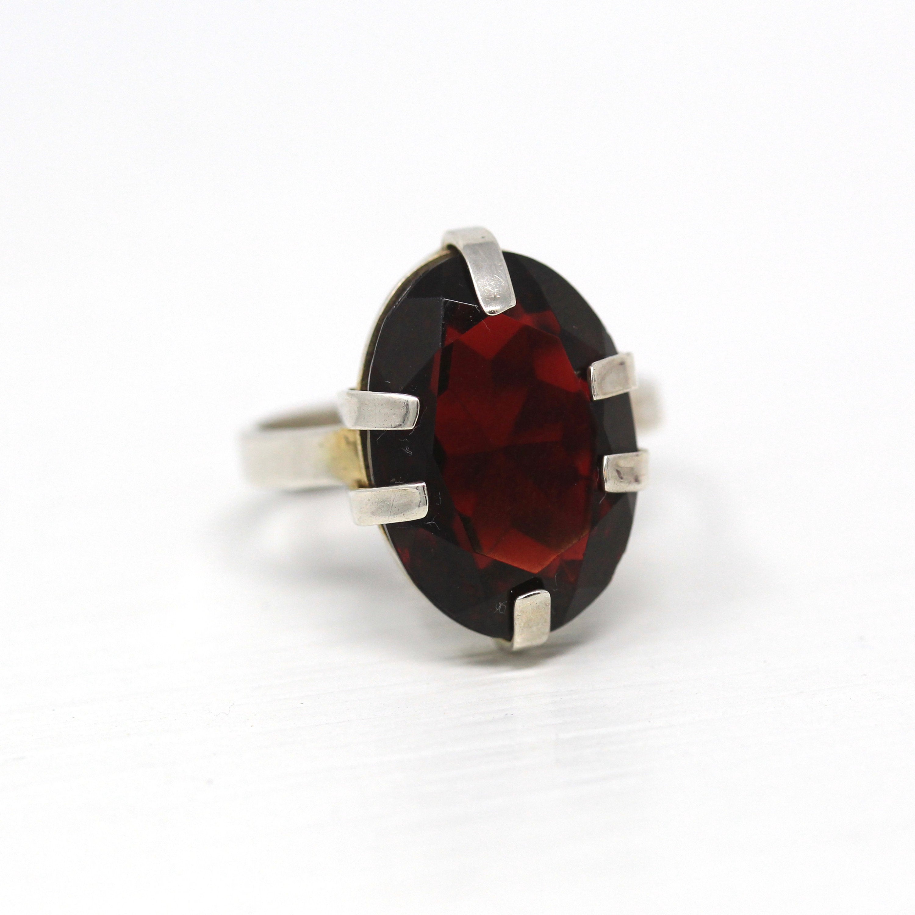 Sale Simulated Garnet Ring Retro Sterling Silver Adjustable Oval Faceted Dark Red Vintage Circa 1960s Era Size 5 1 2 Uncas Co Jewelry