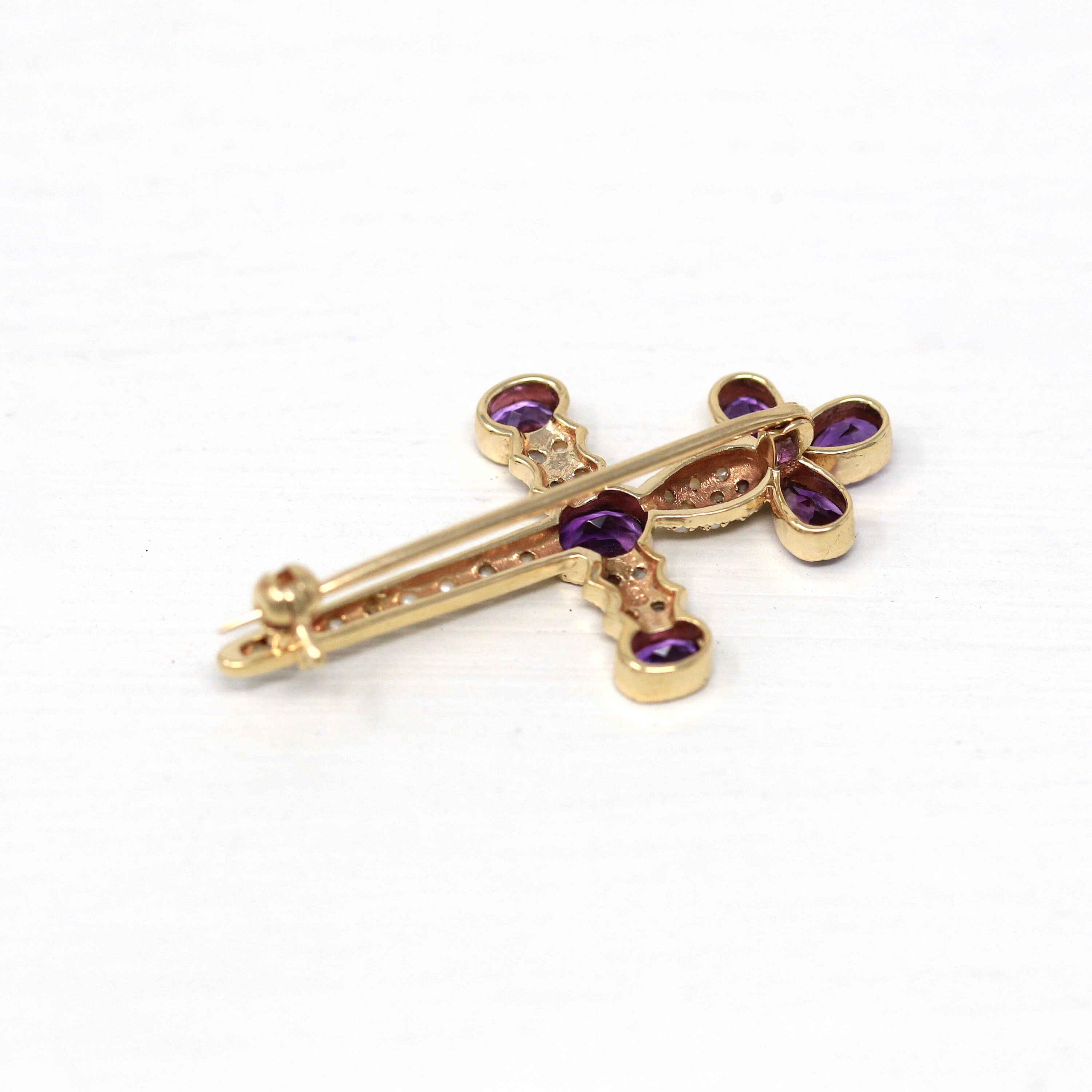 Sale - Vintage Sword Brooch - Retro Amethyst Victorian Revival Seed Pearl Pin - 1960s Fashion Accessory Fine Cross Motif Mid Century Jewelry