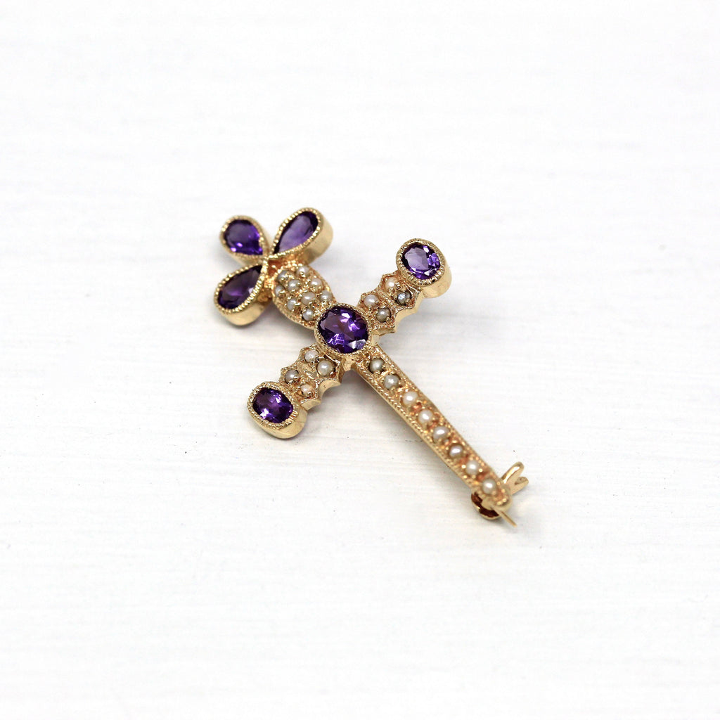 Sale - Vintage Sword Brooch - Retro Amethyst Victorian Revival Seed Pearl Pin - 1960s Fashion Accessory Fine Cross Motif Mid Century Jewelry