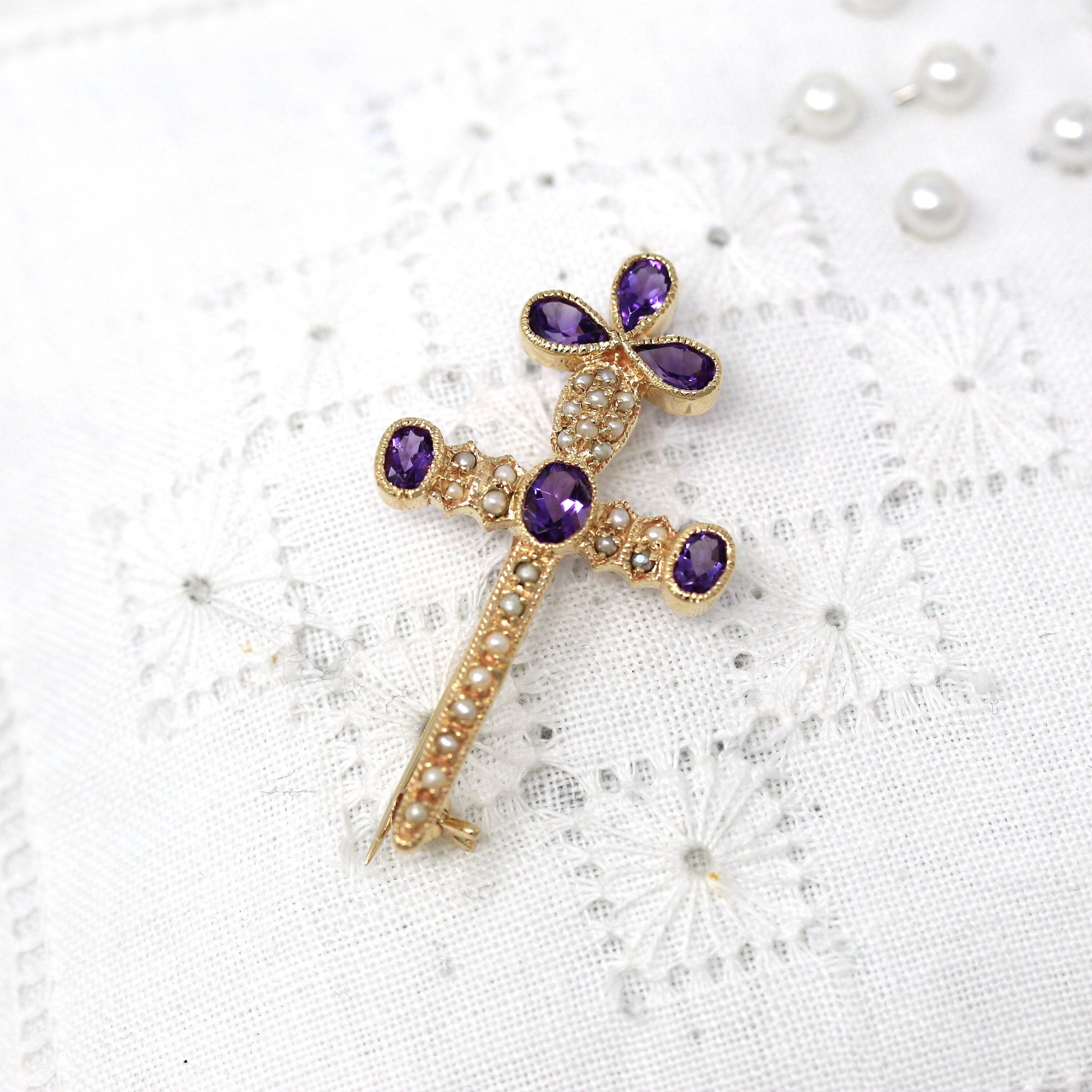 Sale - Vintage Sword Brooch - Retro Amethyst Victorian Revival Seed Pearl Pin - 1960s Fashion Accessory Fine Cross Motif Mid Century Jewelry