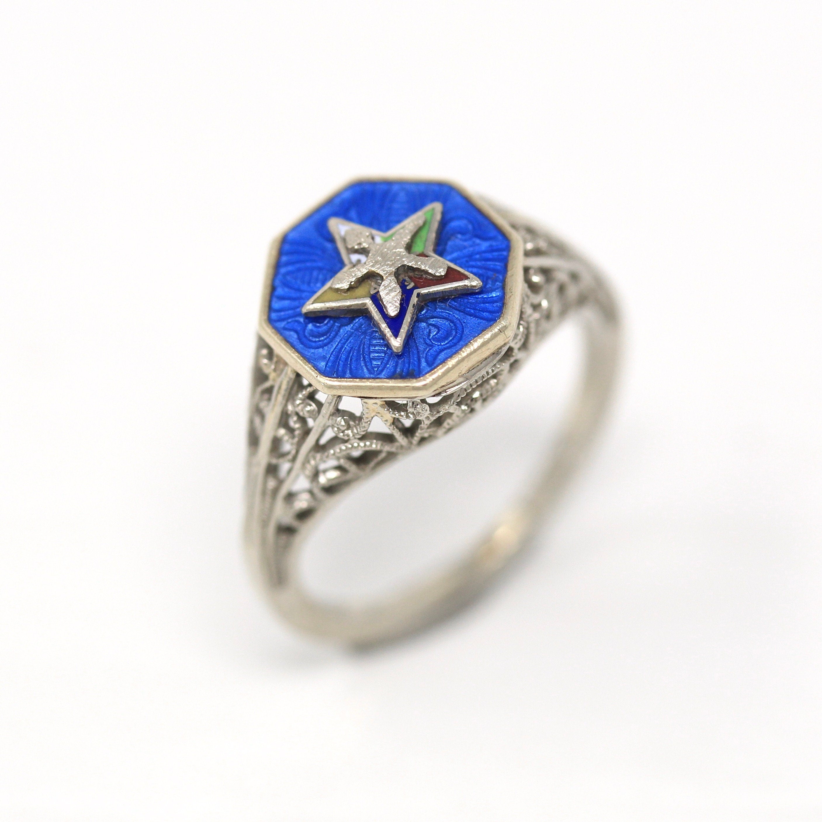 Sale - Vintage OES Ring - Art Deco 10k White Gold Guilloche Enamel - Circa 1930s Era Size 3 3/4 Order Of The Eastern Star Filigree Jewelry