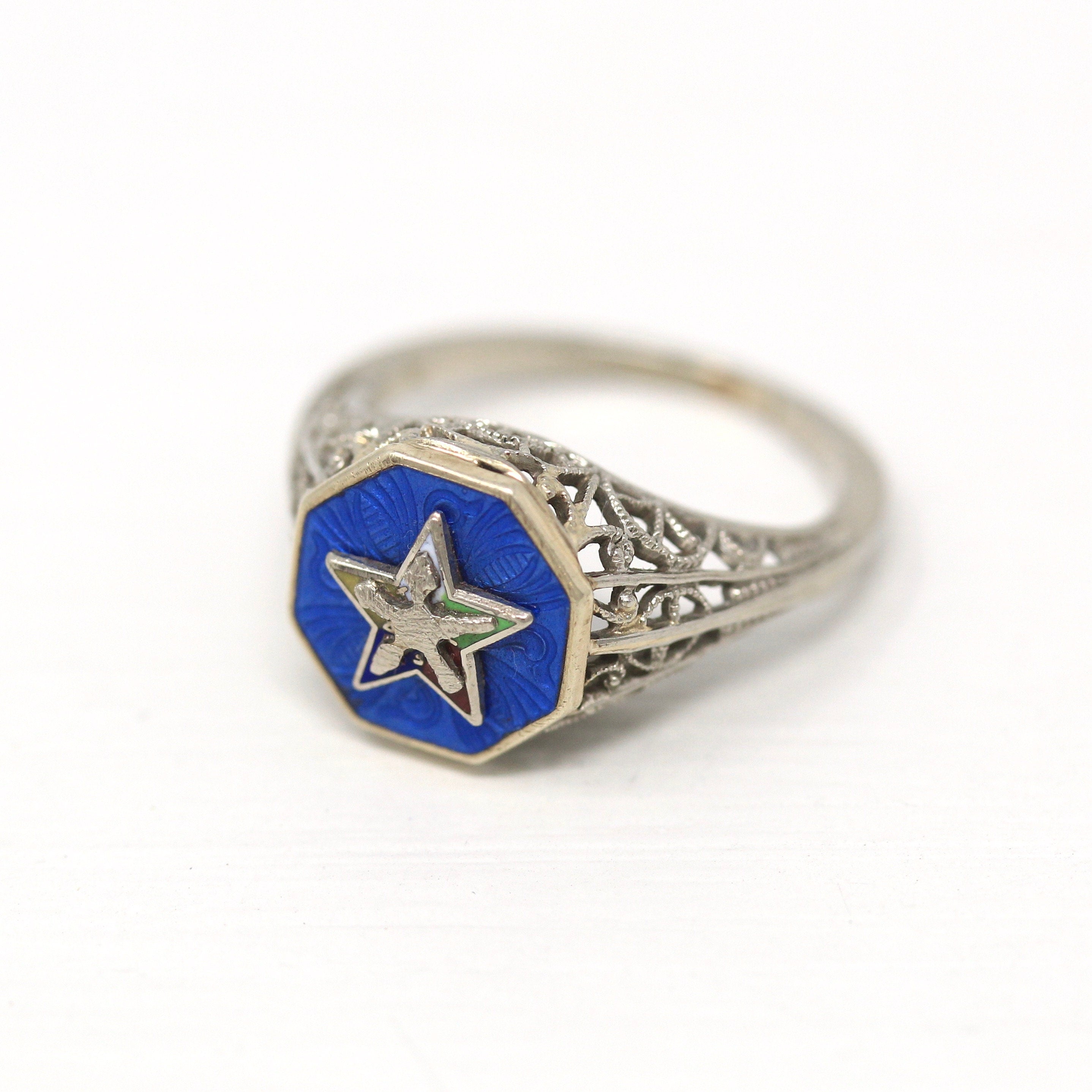 Sale - Vintage OES Ring - Art Deco 10k White Gold Guilloche Enamel - Circa 1930s Era Size 3 3/4 Order Of The Eastern Star Filigree Jewelry