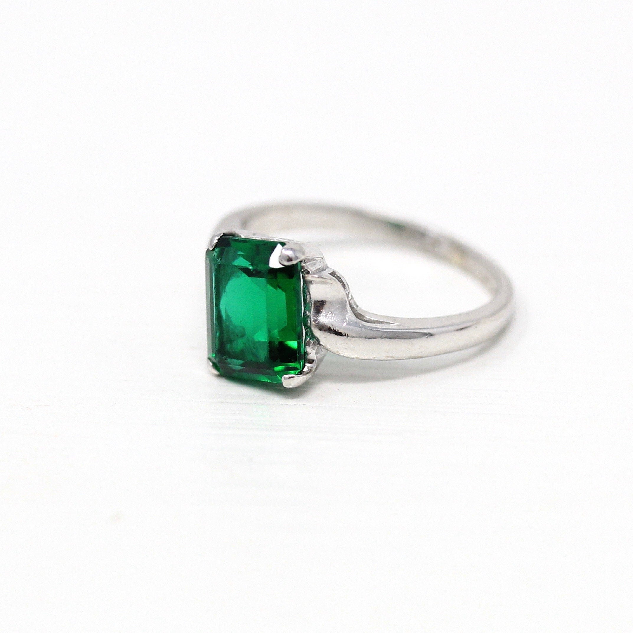 Sale - Simulated Emerald Ring - Mid Century Era 10k White Gold Dark Green Glass Stone - Vintage Circa 1950s Size 3.5 Bypass Setting Jewelry