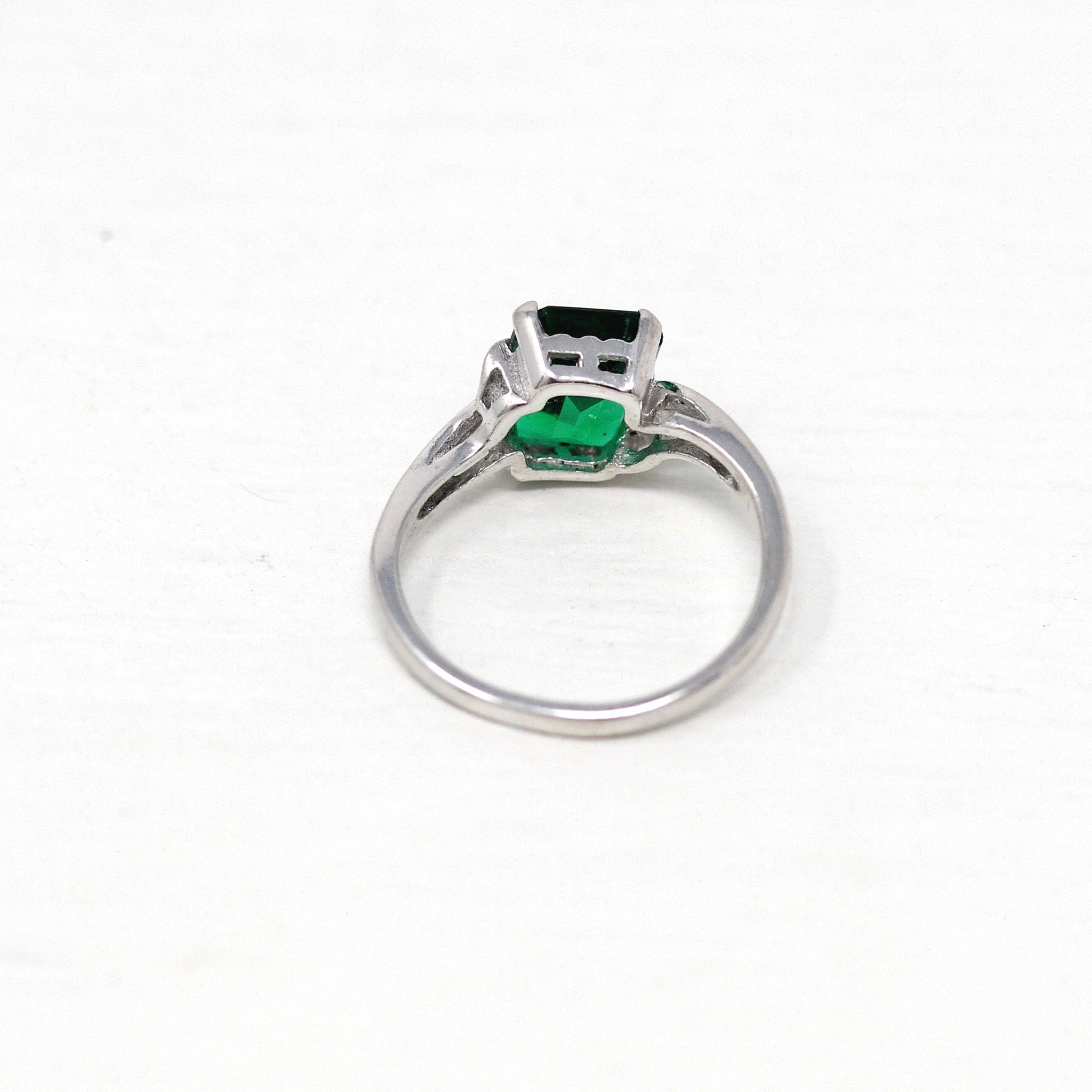 Sale - Simulated Emerald Ring - Mid Century Era 10k White Gold Dark Green Glass Stone - Vintage Circa 1950s Size 3.5 Bypass Setting Jewelry