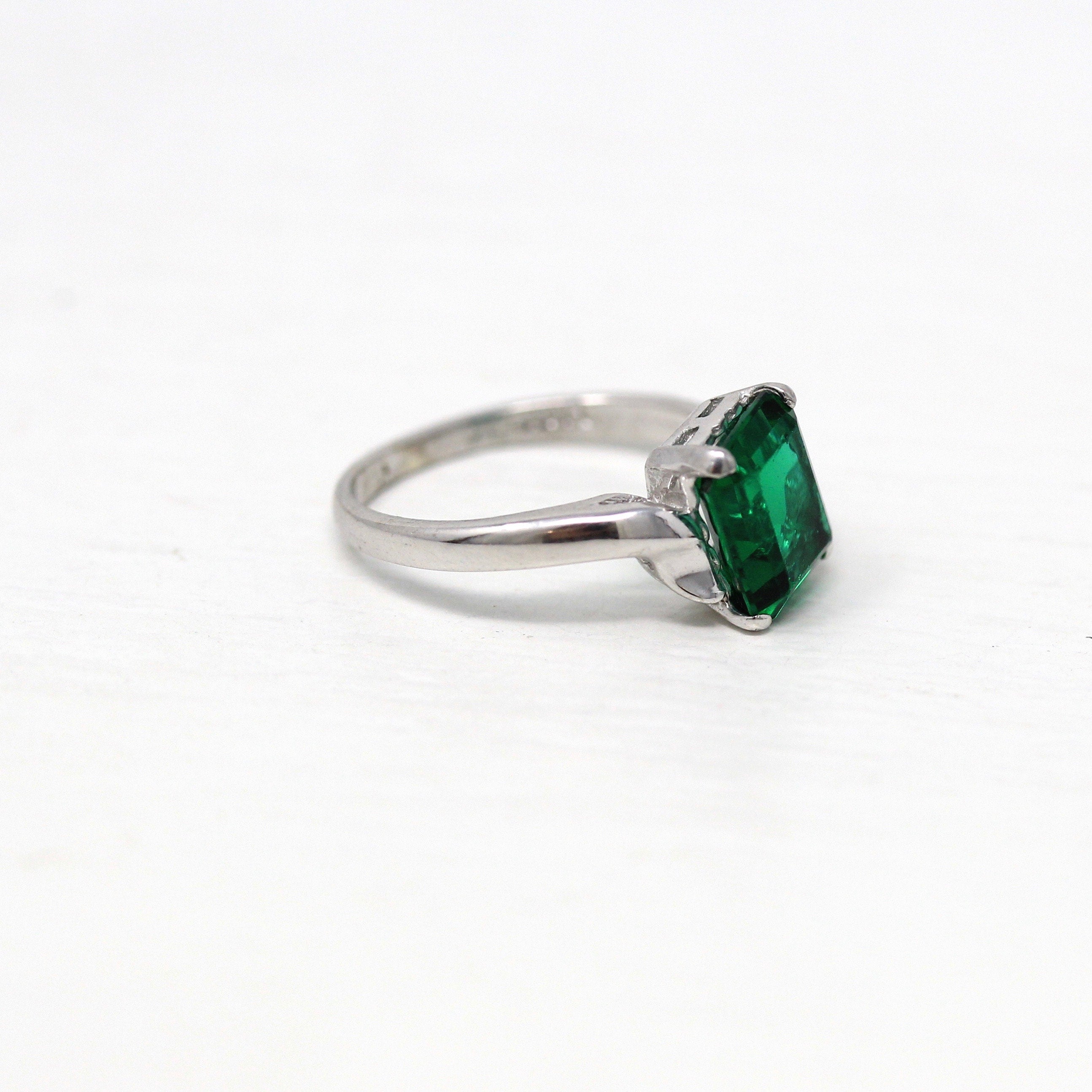 Sale - Simulated Emerald Ring - Mid Century Era 10k White Gold Dark Green Glass Stone - Vintage Circa 1950s Size 3.5 Bypass Setting Jewelry