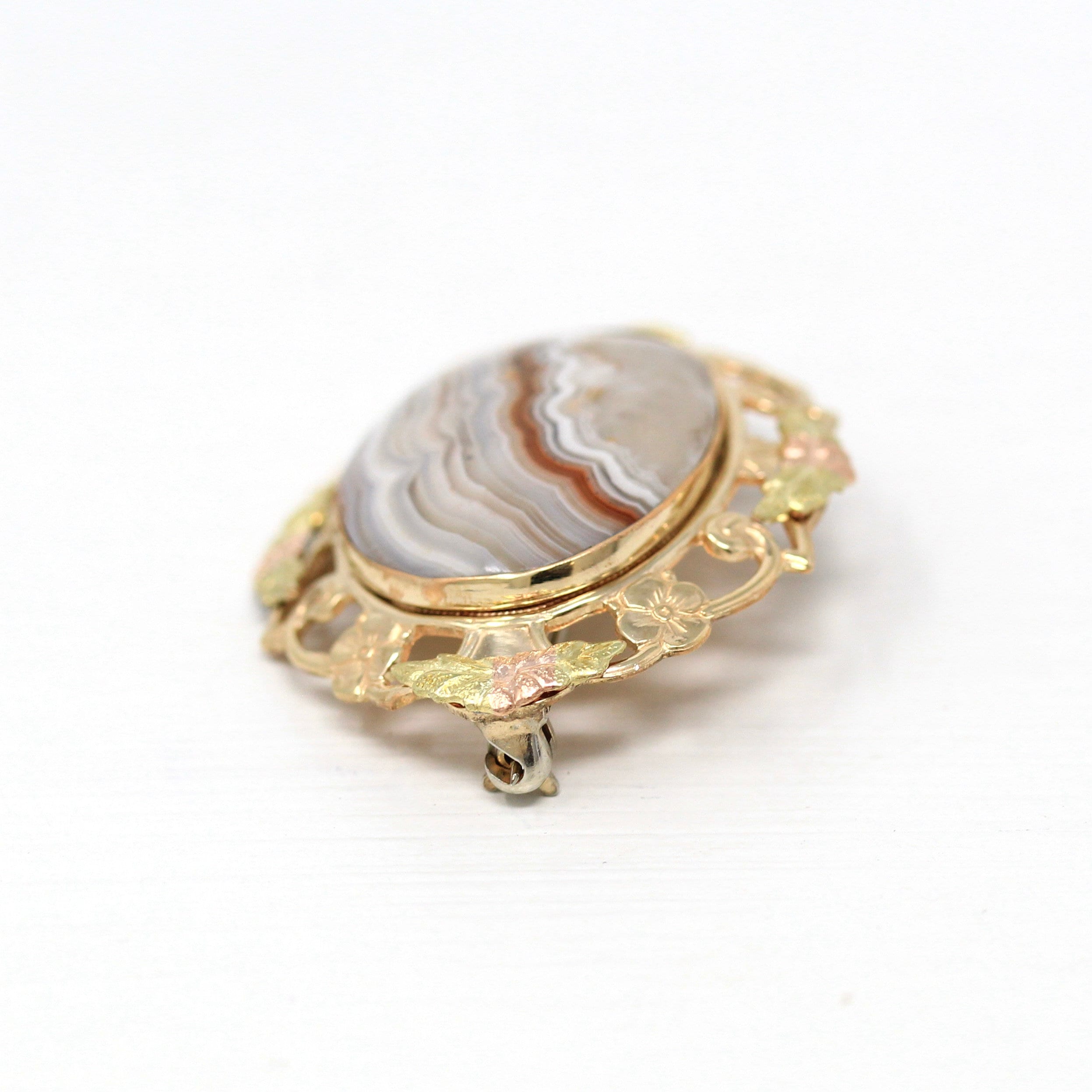 Sale - Genuine Agate Brooch - 12k Yellow Gold Filled Oval Cabochon Banded 16.87 CT Gem Statement - Circa 1940s Era Gemstone Flower Jewelry