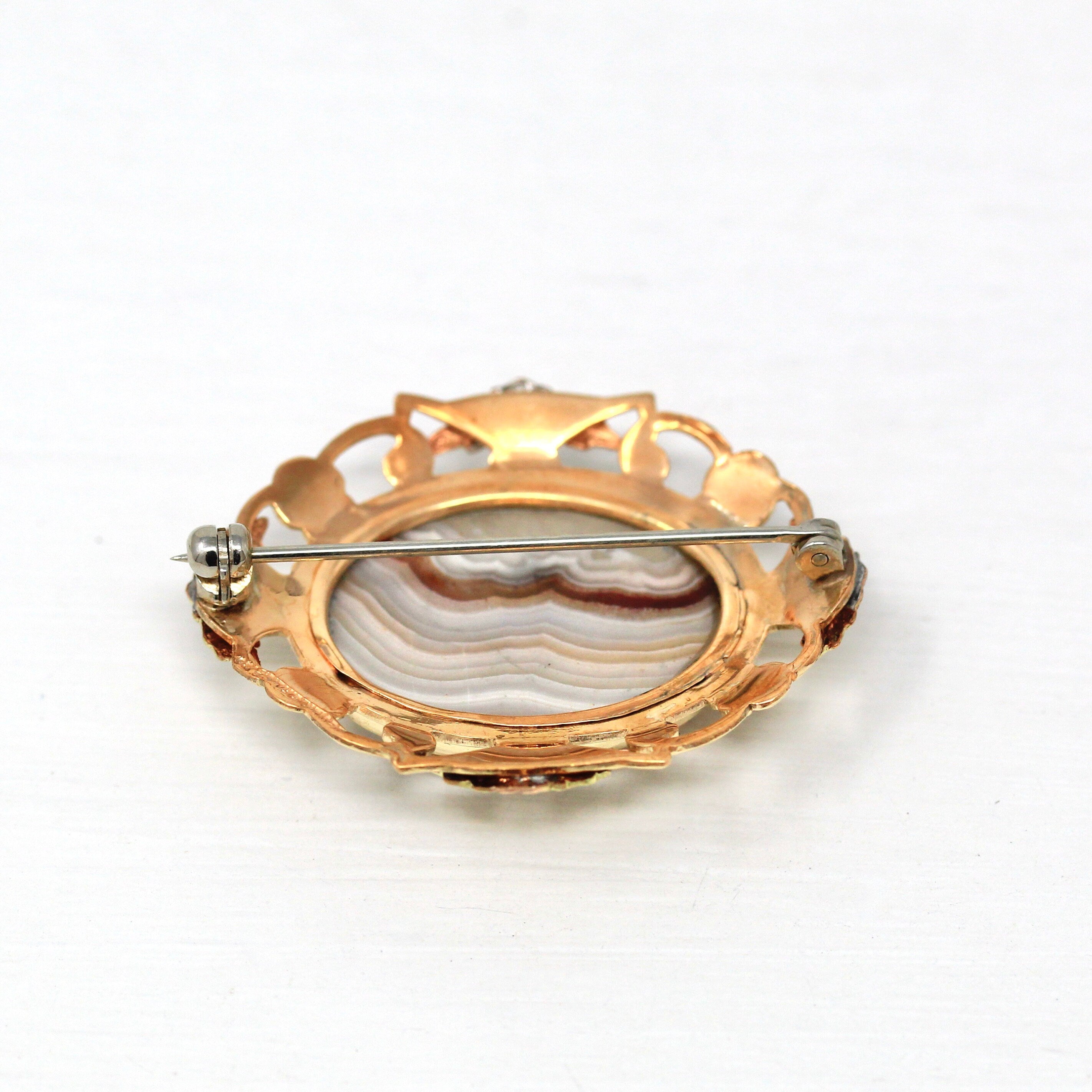 Sale - Genuine Agate Brooch - 12k Yellow Gold Filled Oval Cabochon Banded 16.87 CT Gem Statement - Circa 1940s Era Gemstone Flower Jewelry