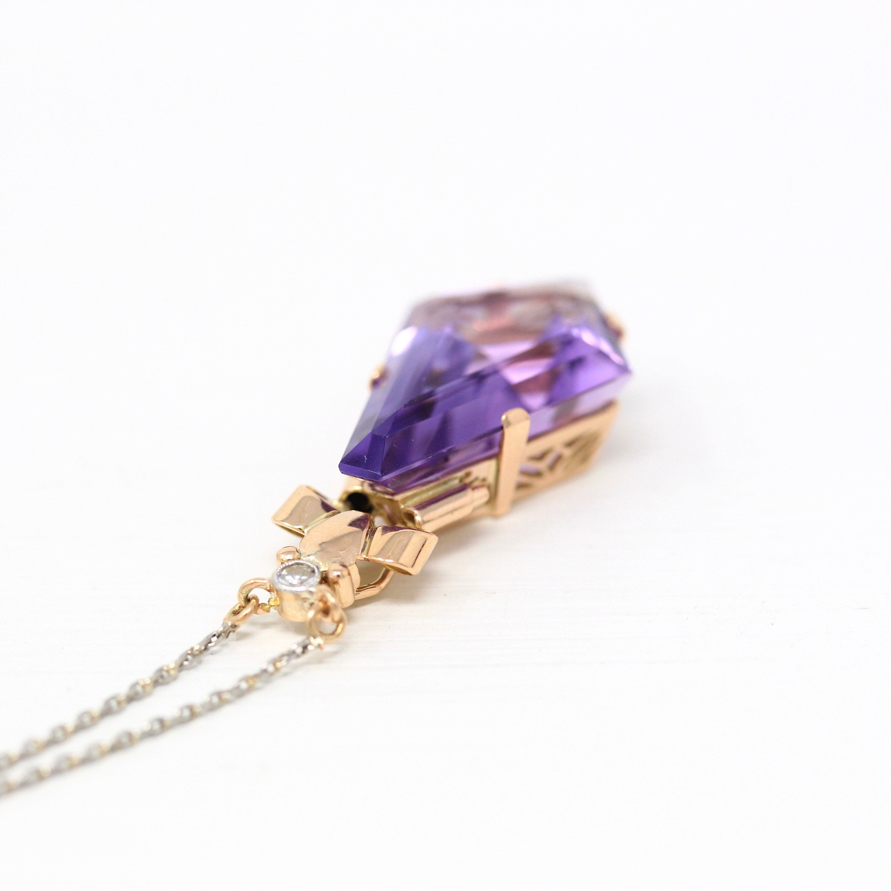 Sale - Genuine Amethyst Necklace - Estate 18k Yellow & White Gold Fancy Purple Gem Pendant - Modern Diamond February Birthstone Fine Jewelry