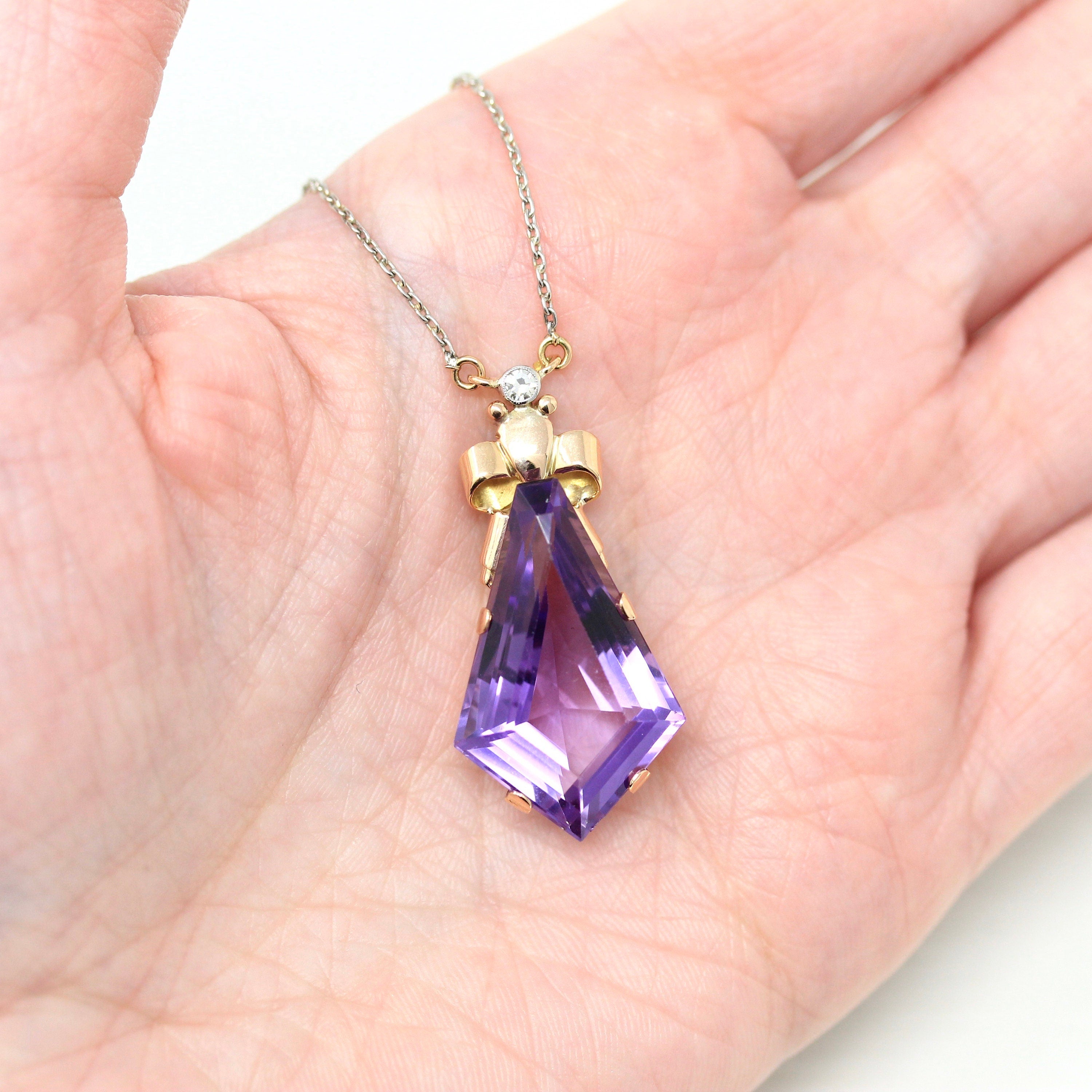 Sale - Genuine Amethyst Necklace - Estate 18k Yellow & White Gold Fancy Purple Gem Pendant - Modern Diamond February Birthstone Fine Jewelry