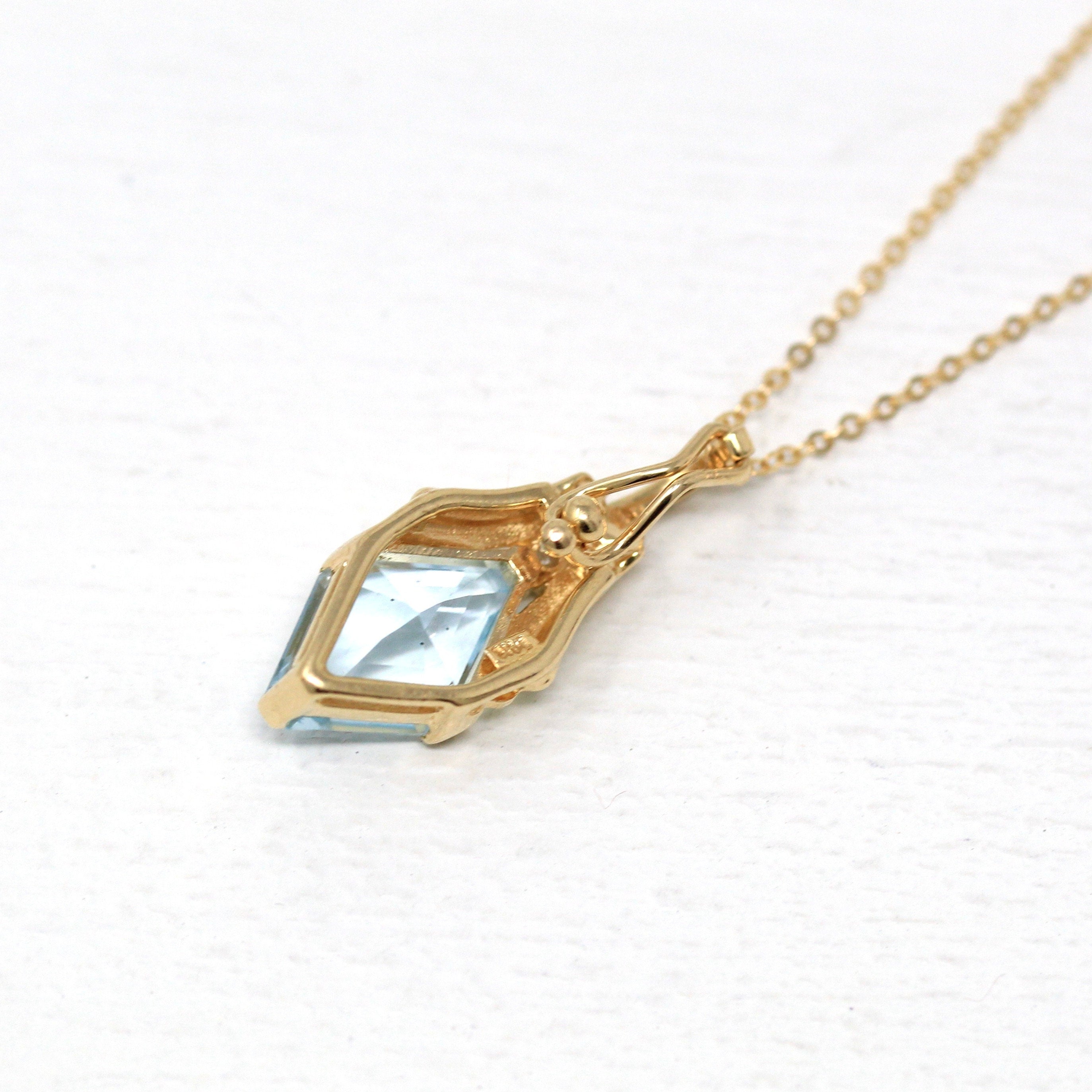 Sale - Genuine Topaz Necklace - Modern 14k Yellow Gold Faceted Sky Blue Gemstone - Estate Circa 2000's Era Diamond Gems Pendant Fine Jewelry