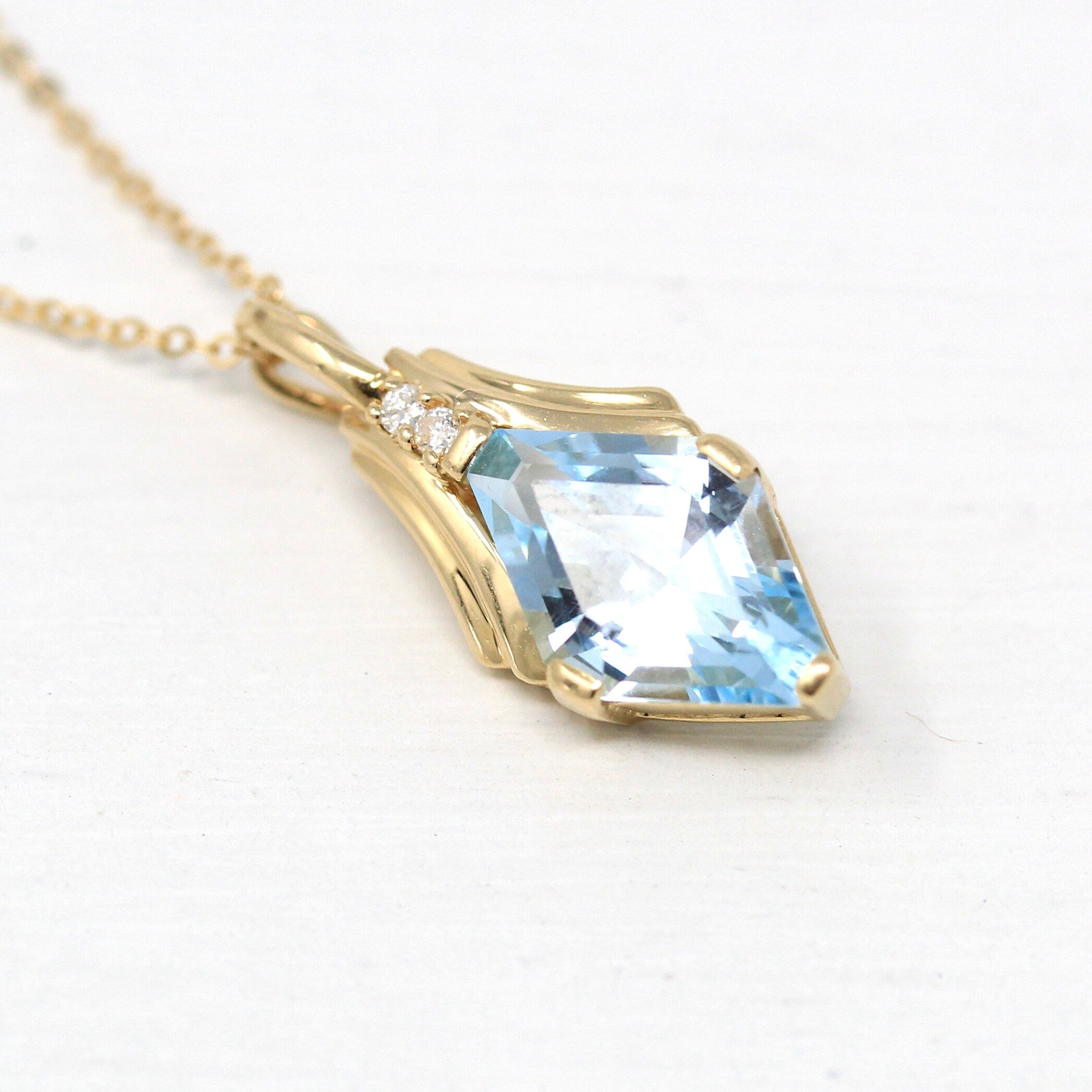 Sale - Genuine Topaz Necklace - Modern 14k Yellow Gold Faceted Sky Blue Gemstone - Estate Circa 2000's Era Diamond Gems Pendant Fine Jewelry