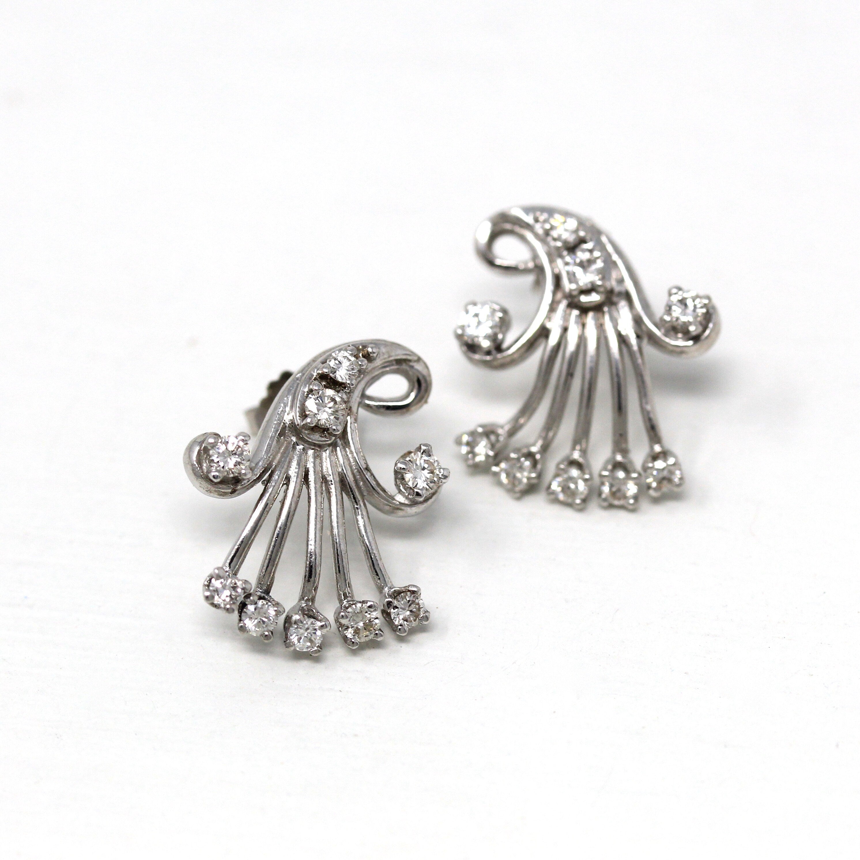 Genuine Diamond Earrings - Mid Century 14k White Gold Pierced Push Backs Studs - Vintage Circa 1950s Era Spray Fan Style Statement Jewelry