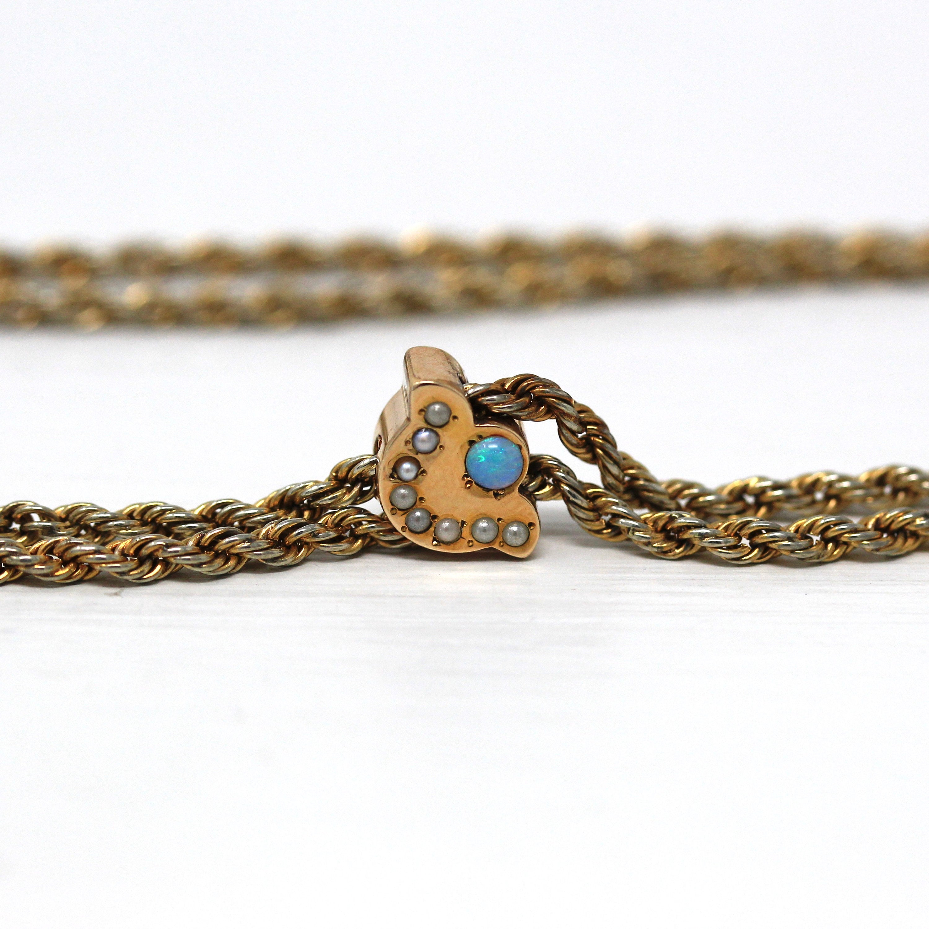 Antique Lorgnette Chain - Edwardian Gold Filled Genuine Opal Gem Charm Necklace - Circa 1910s Doubled French Rope Chain Seed Pearl Jewelry