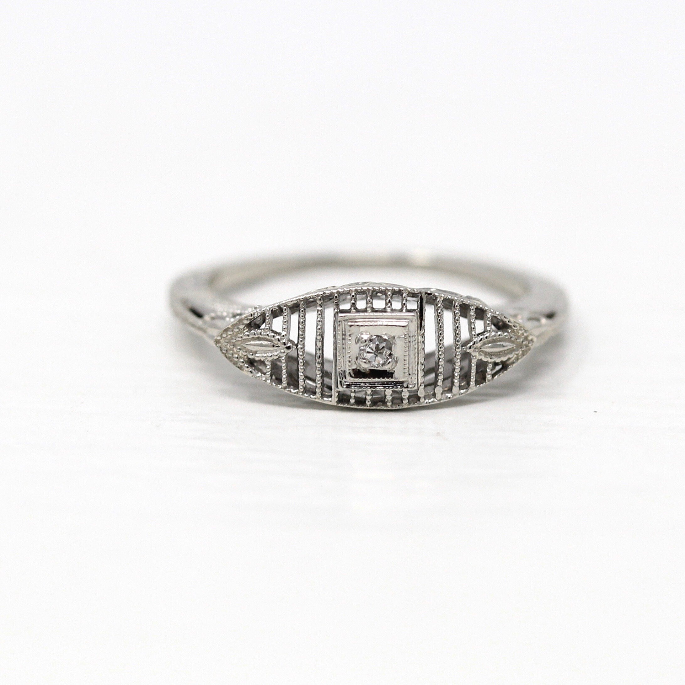 Sale Diamond Filigree Ring Antique Art Deco 14K White Gold Genuine Gem Milgrain Details Vintage Circa 1930s Size 4.75 Fine Jewelry