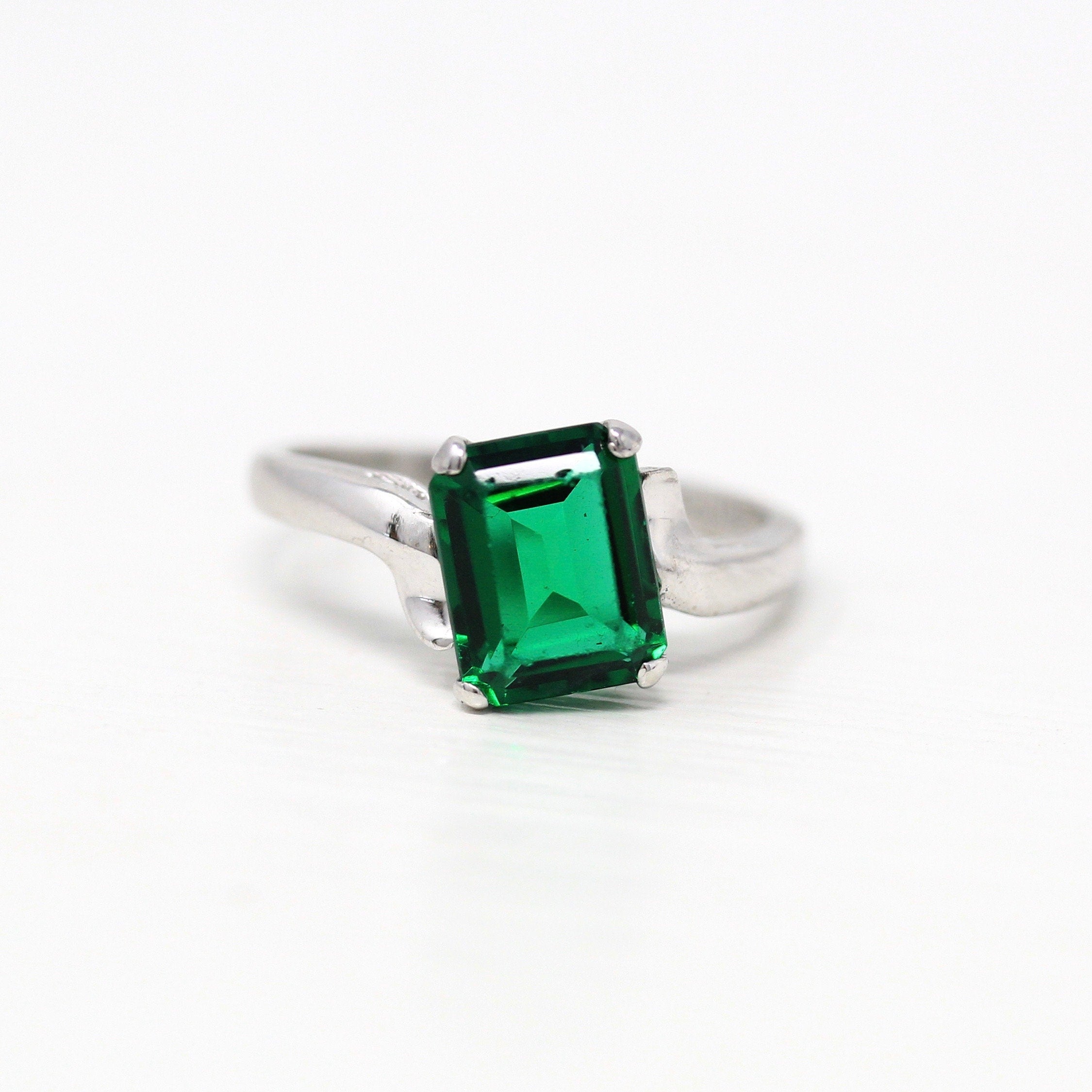 Sale - Simulated Emerald Ring - Mid Century Era 10k White Gold Dark Green Glass Stone - Vintage Circa 1950s Size 3.5 Bypass Setting Jewelry