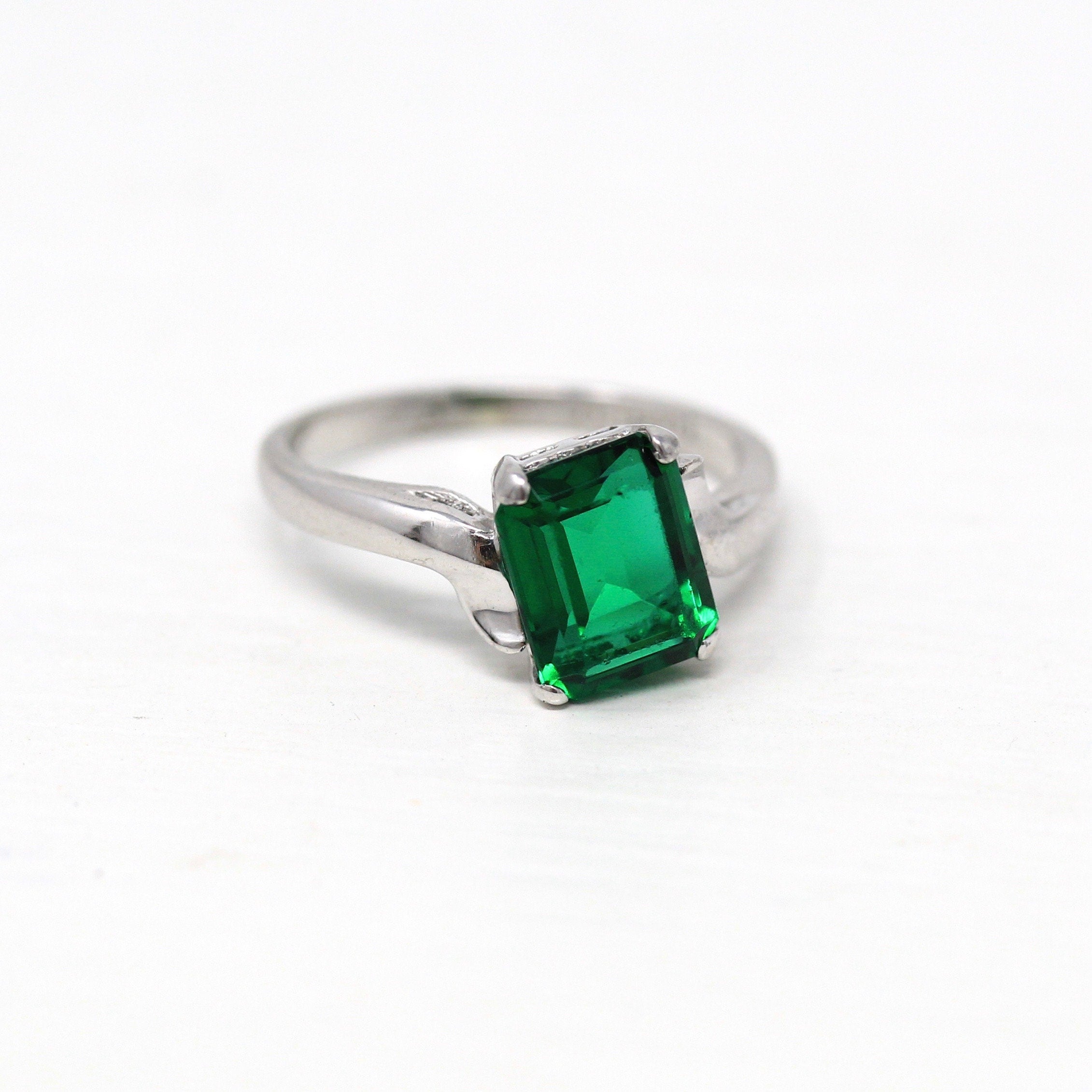 Sale - Simulated Emerald Ring - Mid Century Era 10k White Gold Dark Green Glass Stone - Vintage Circa 1950s Size 3.5 Bypass Setting Jewelry