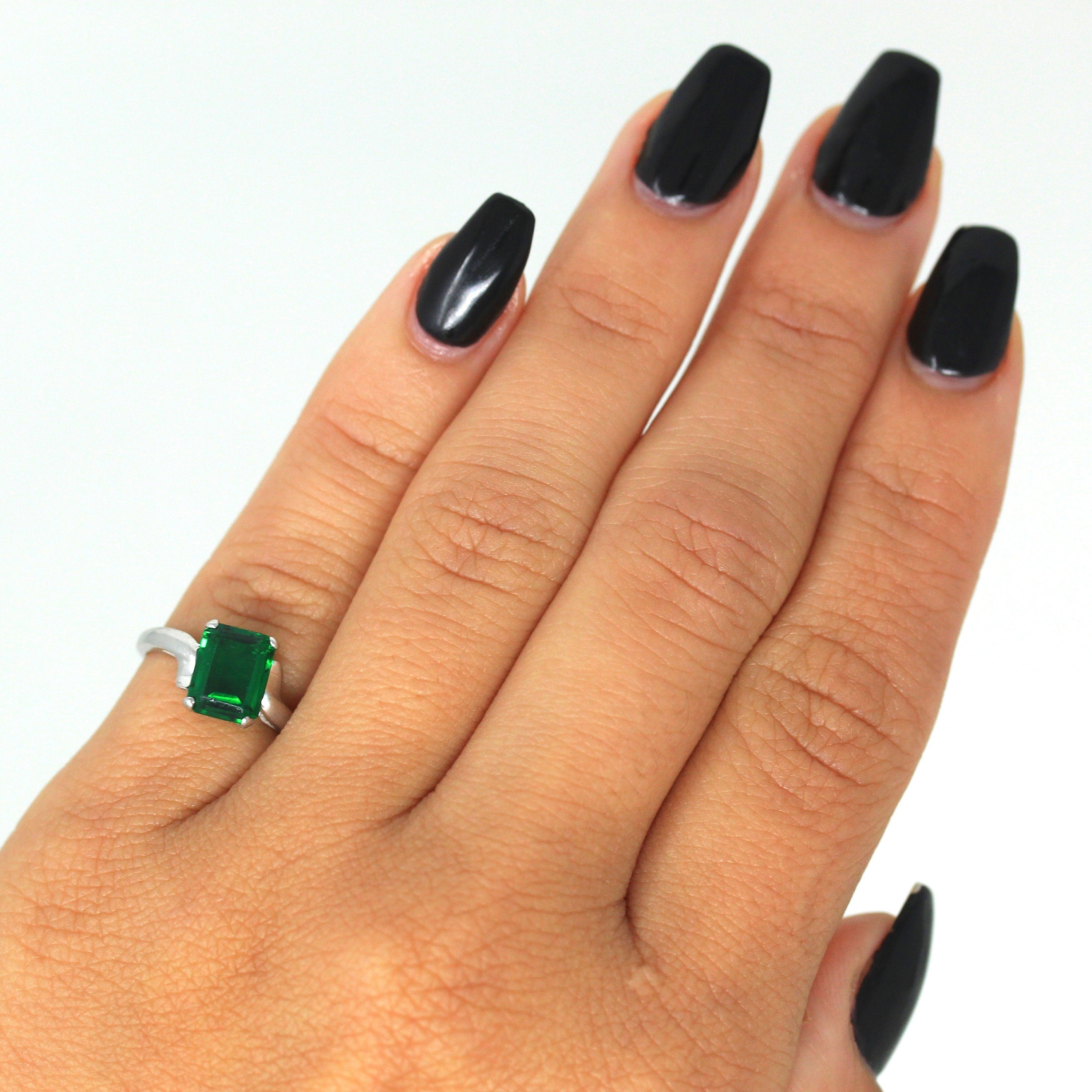 Sale - Simulated Emerald Ring - Mid Century Era 10k White Gold Dark Green Glass Stone - Vintage Circa 1950s Size 3.5 Bypass Setting Jewelry