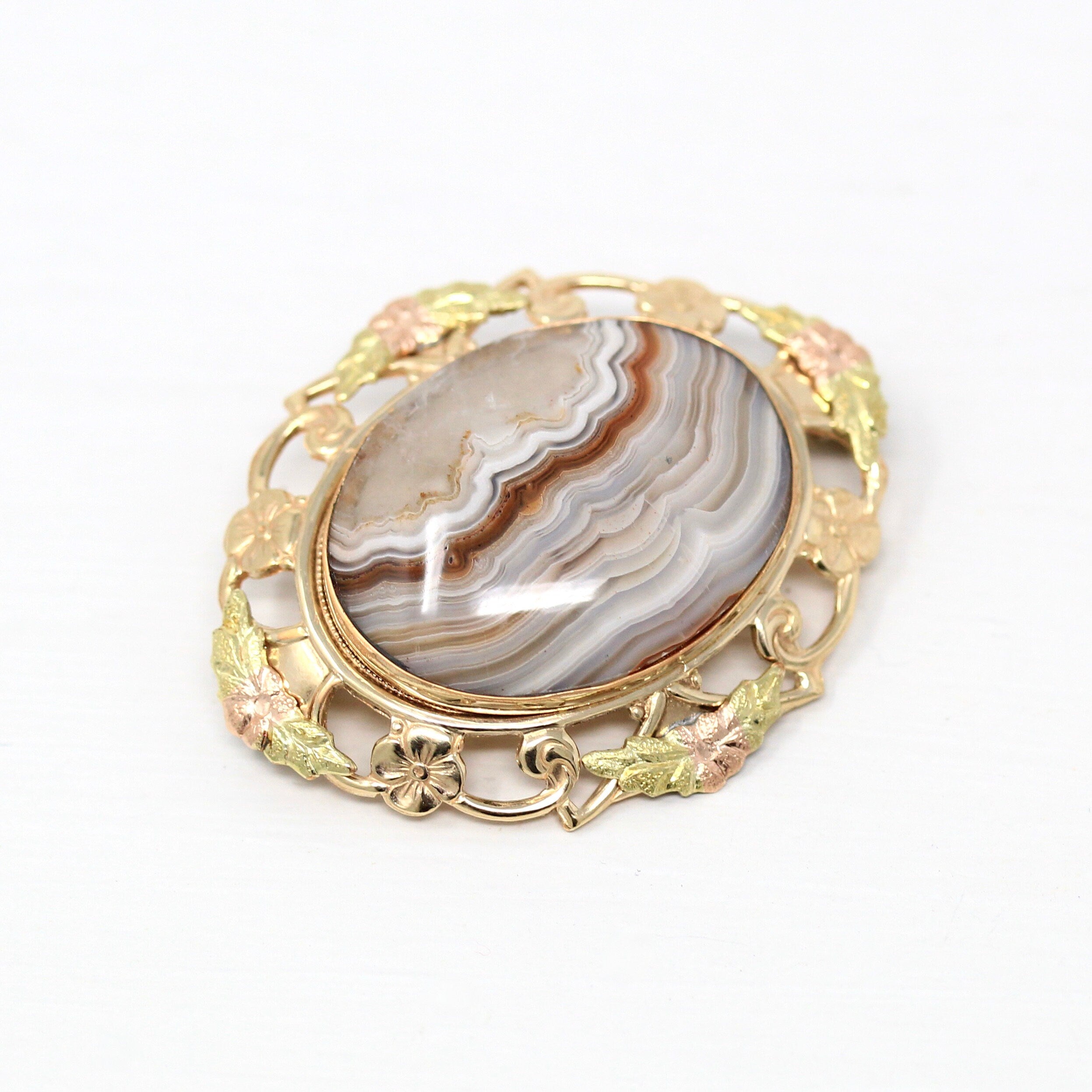 Sale - Genuine Agate Brooch - 12k Yellow Gold Filled Oval Cabochon Banded 16.87 CT Gem Statement - Circa 1940s Era Gemstone Flower Jewelry