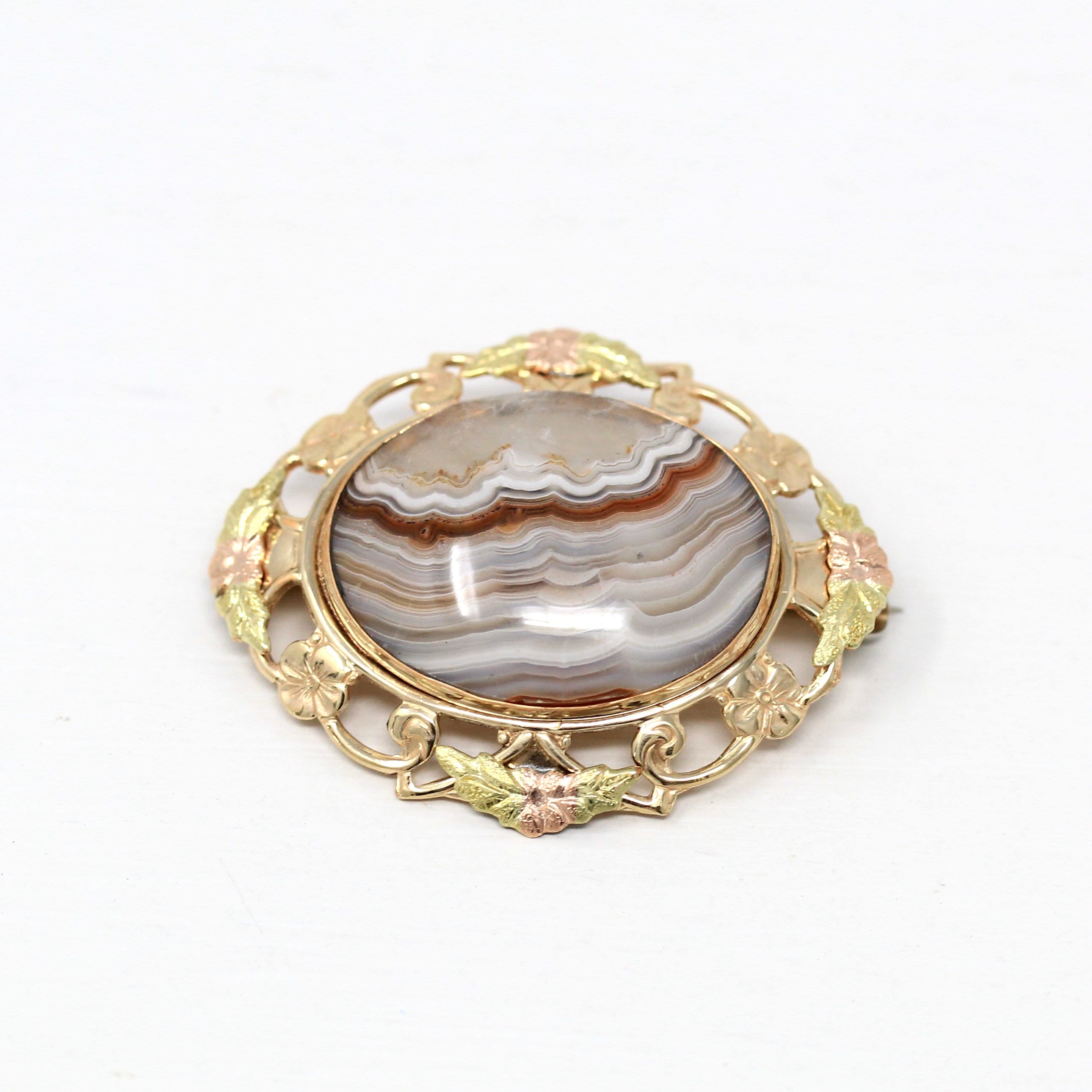 Sale - Genuine Agate Brooch - 12k Yellow Gold Filled Oval Cabochon Banded 16.87 CT Gem Statement - Circa 1940s Era Gemstone Flower Jewelry