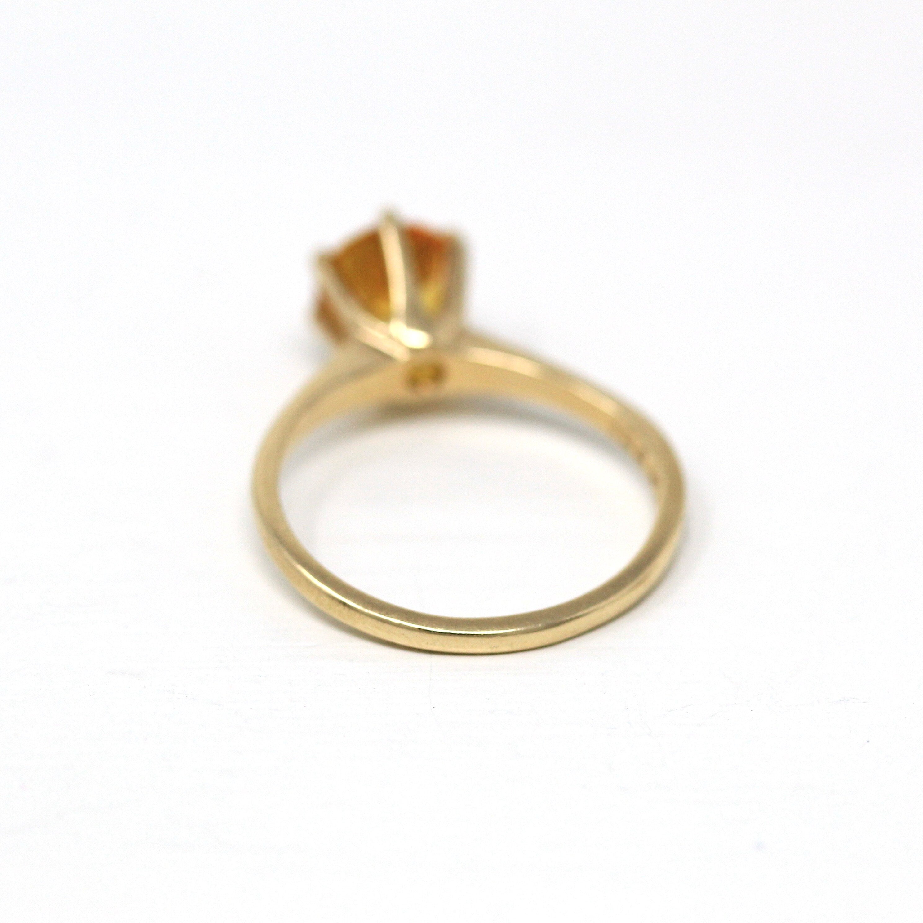 Sale - Created Orange Sapphire Ring - Retro 10k Yellow Gold Round Faceted 1.29 CT Stone - Vintage 1960s Era Size 5 1/2 Statement 60s Jewelry