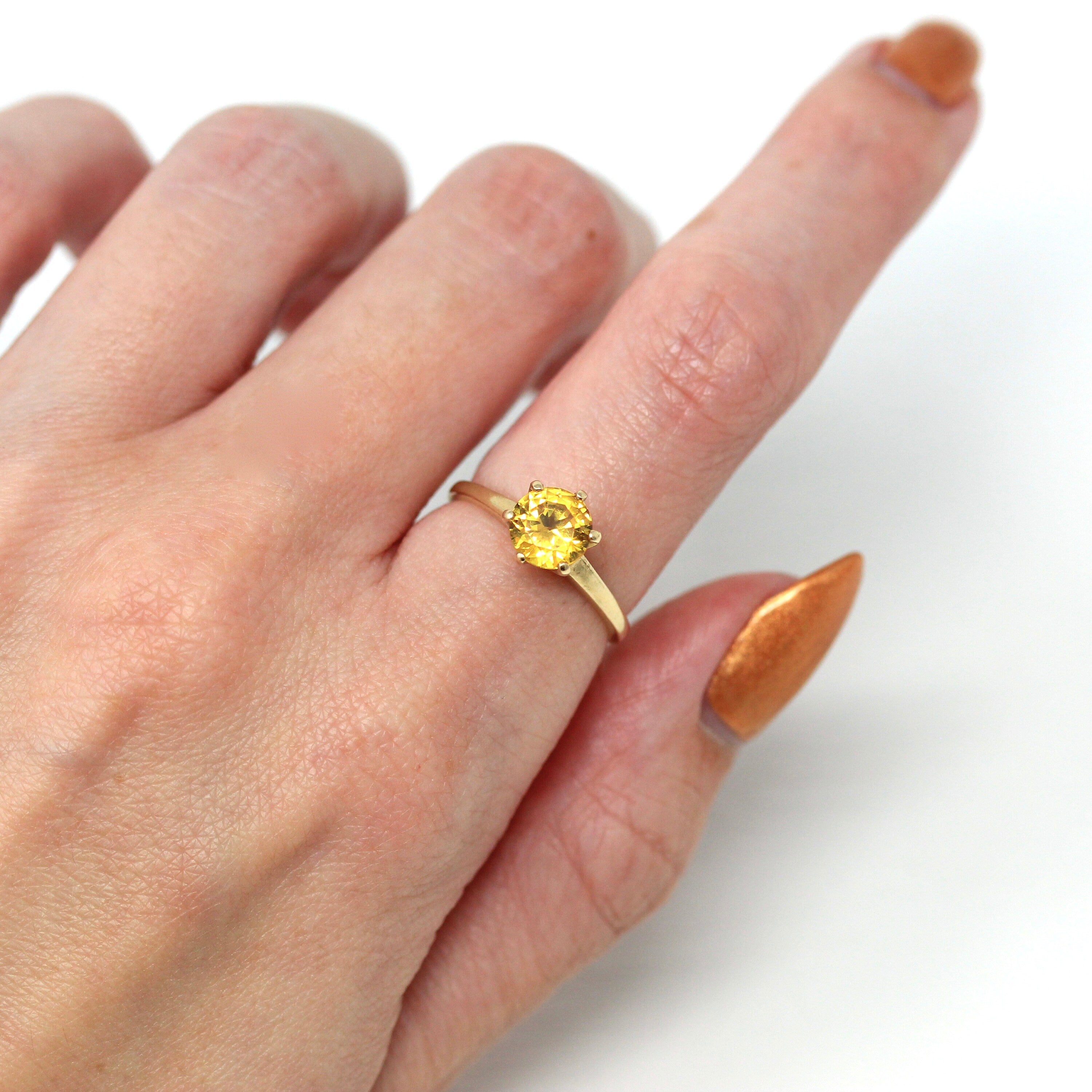 Sale - Created Orange Sapphire Ring - Retro 10k Yellow Gold Round Faceted 1.29 CT Stone - Vintage 1960s Era Size 5 1/2 Statement 60s Jewelry