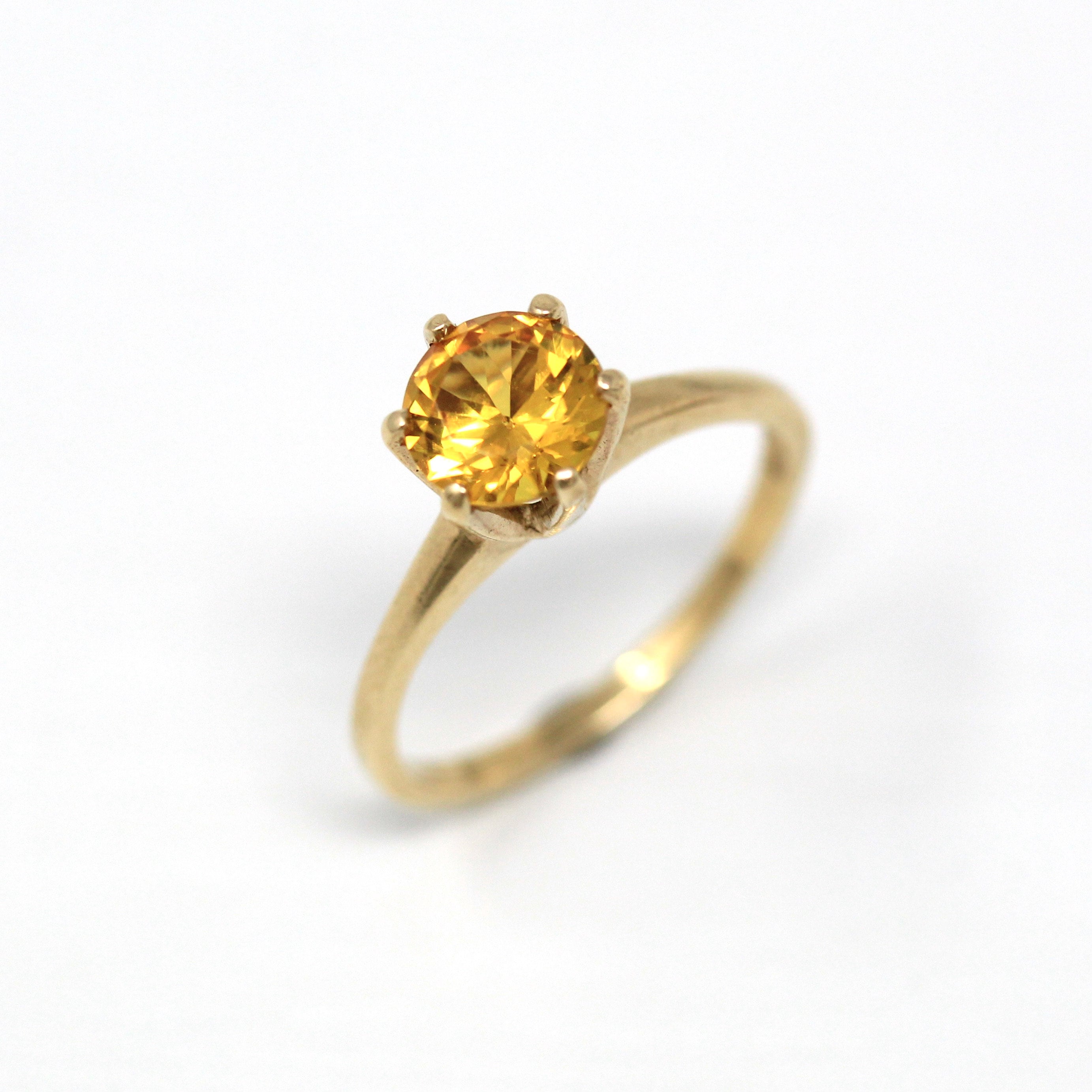 Sale - Created Orange Sapphire Ring - Retro 10k Yellow Gold Round Faceted 1.29 CT Stone - Vintage 1960s Era Size 5 1/2 Statement 60s Jewelry