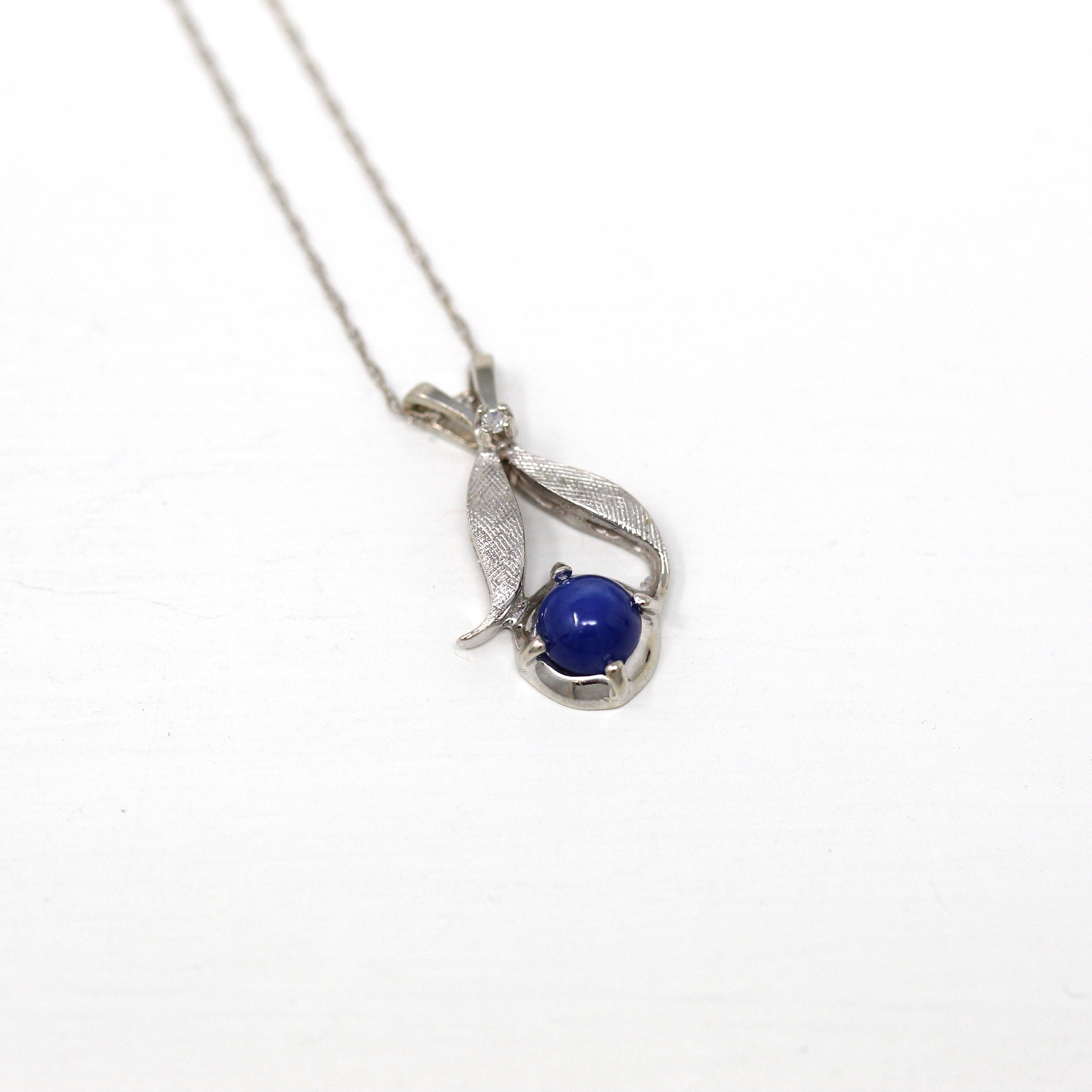 Created Star Sapphire Necklace Retro 10k White Gold Genuine .01 CT Diamond Gem Vintage 1970s Era Celestial Pendant Charm Fine Jewelry