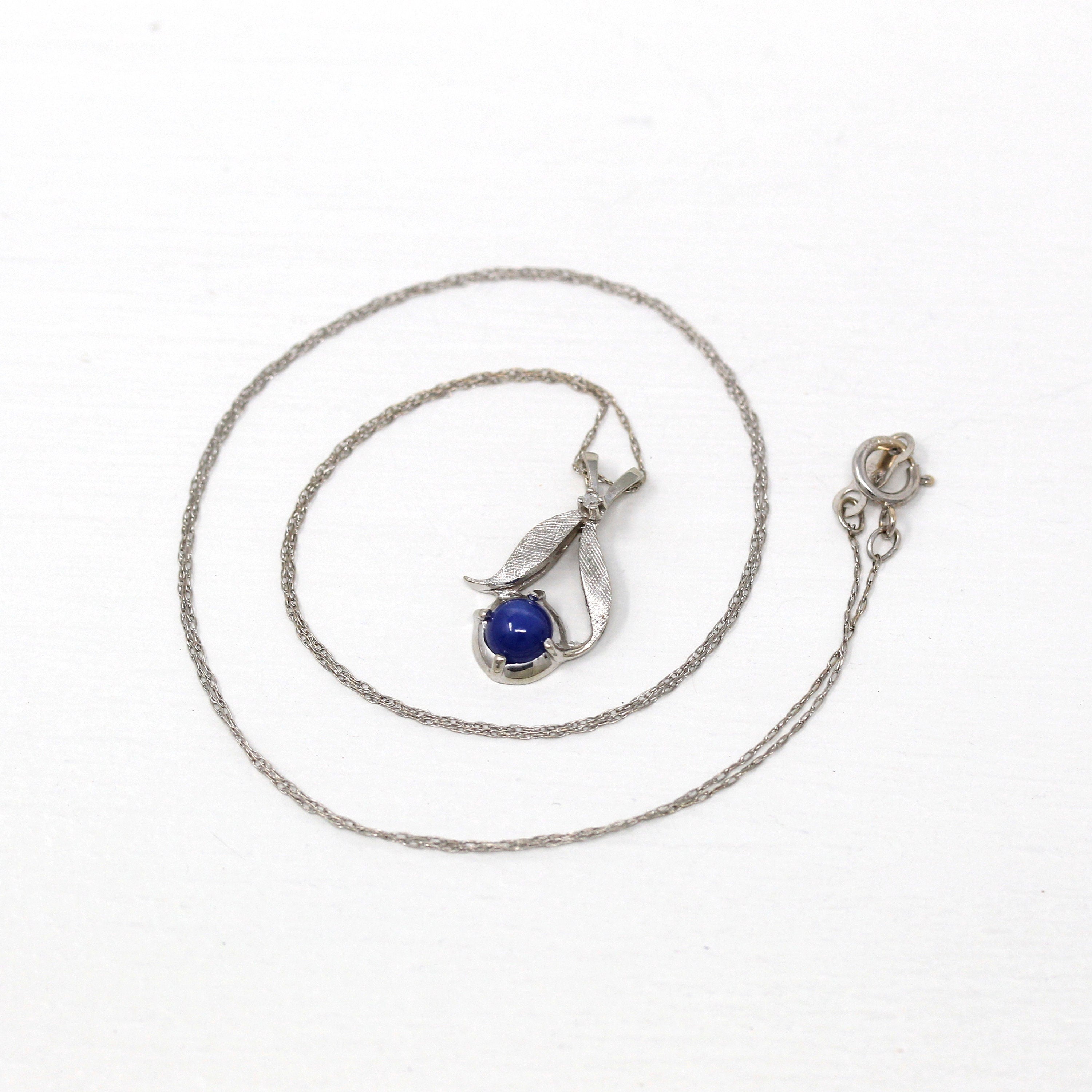 Created Star Sapphire Necklace Retro 10k White Gold Genuine .01 CT Diamond Gem Vintage 1970s Era Celestial Pendant Charm Fine Jewelry